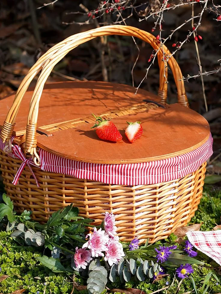 Wiklinowy Kosz Piknikowy, Tkany Kosz Wiklinowy z Wiórów Drzewnych, Kosz do Przechowywania na Piknik, Kemping, na Zewnątrz, Walentynki, Dziękczynienie, Urodziny(#1)