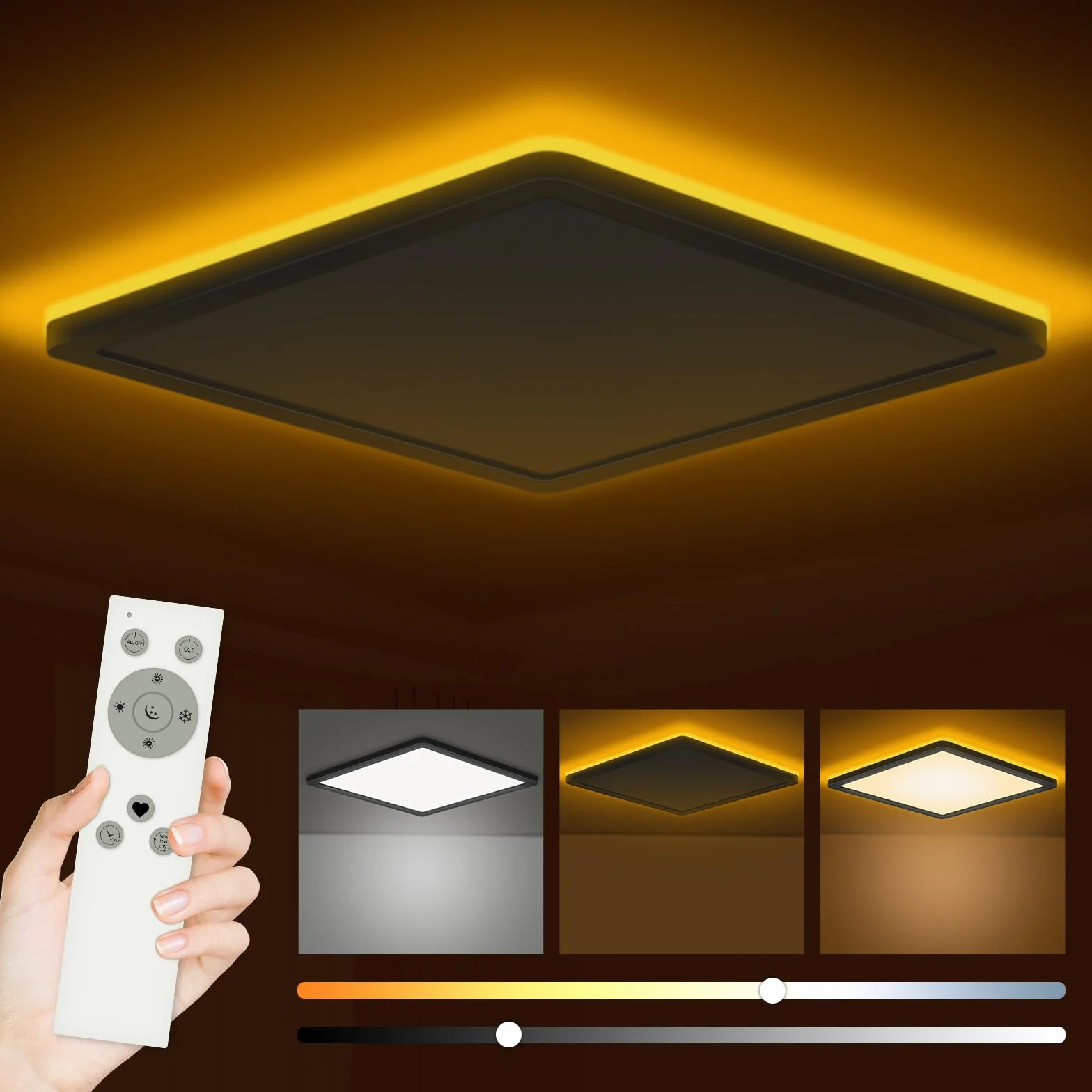 Bowfar Lampa sufitowa LED, 24W 2800 lm, z pilotem, ściemnialna, 3000K-6500K, 1800K lampka nocna bursztynowa, Lampa sufitowa do salonu, pokoju dziecięcego, korytarza, sypialni Ø29,5 x 2,5 cm, czarny