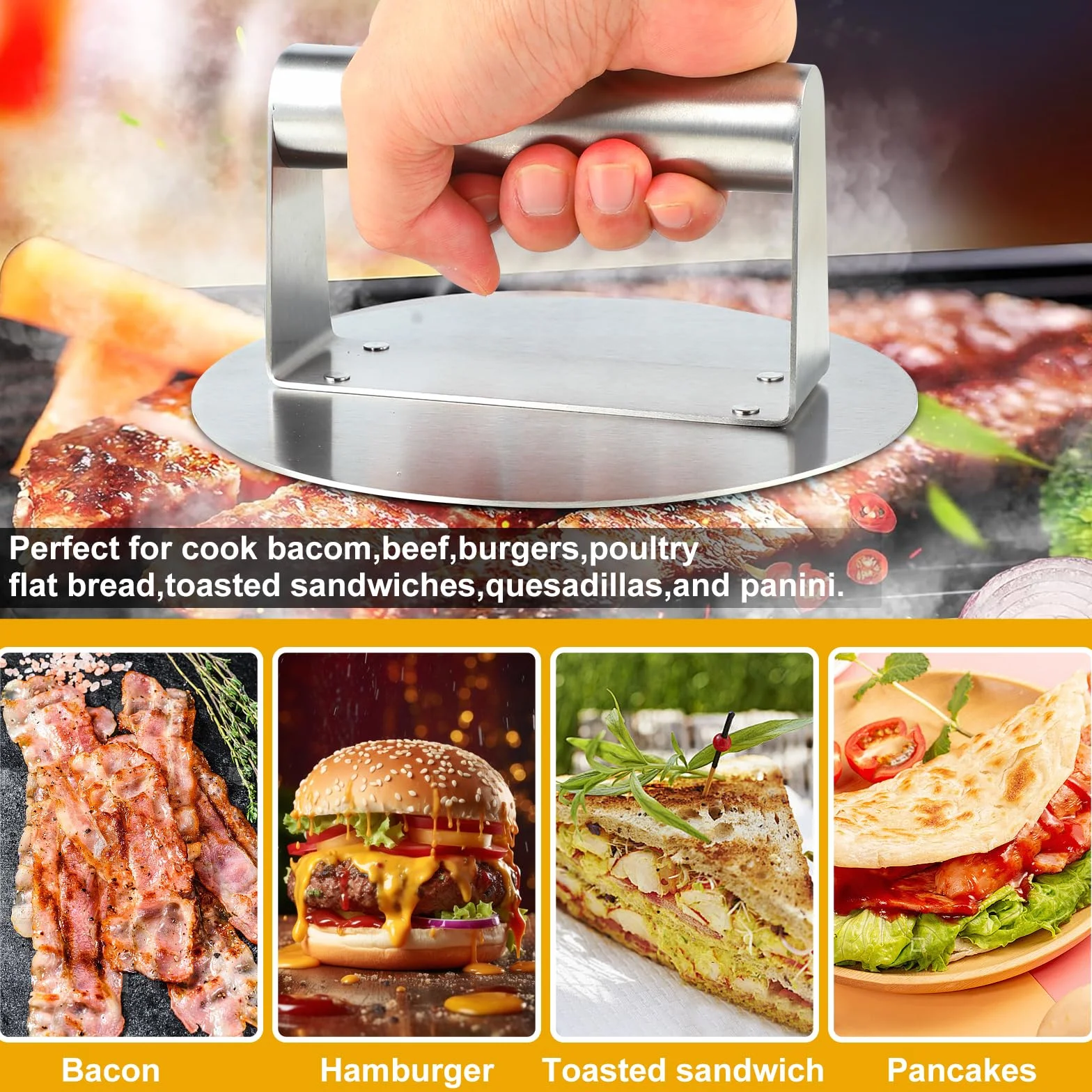Bafumiu Prasa do burgerów ze stali nierdzewnej, 16 cm, okrągła prasa do hamburgerów, profesjonalna prasa do burgerów do płaskich grillów, akcesoria do grilla do wyciskania Grease, łatwa do