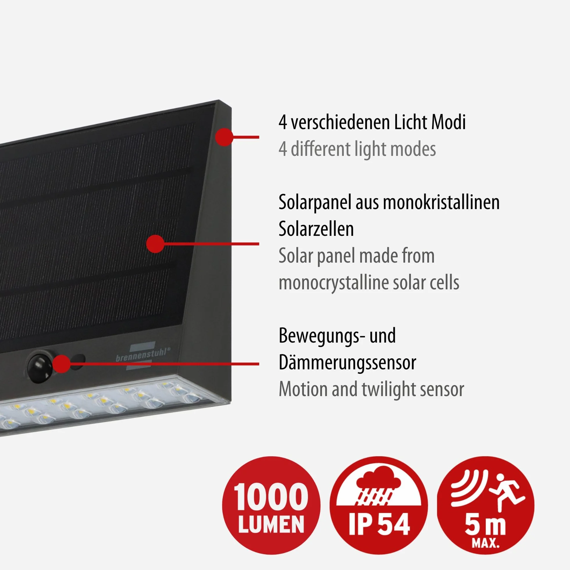 Brennenstuhl Solarny reflektor LED SOL 1000 Plana/lampa ścienna LED do zastosowań zewnętrznych z czujnikiem ruchu (lampa solarna IP54, 1000 lm, 4 różne tryby świecenia, czujnik zmierzchu)