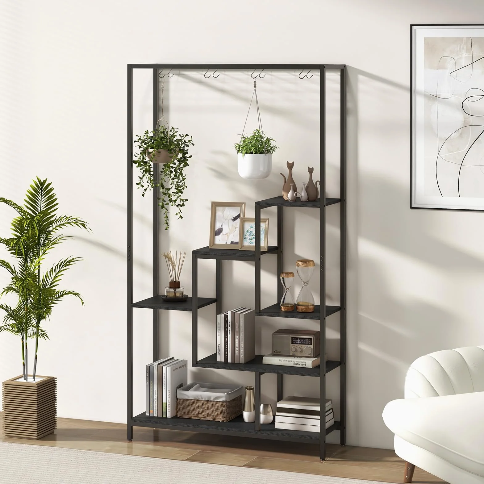 COSTWAY Stojak na rośliny 6 poziomów 180 cm metalowy regał na kwiaty z haczykami S czarny