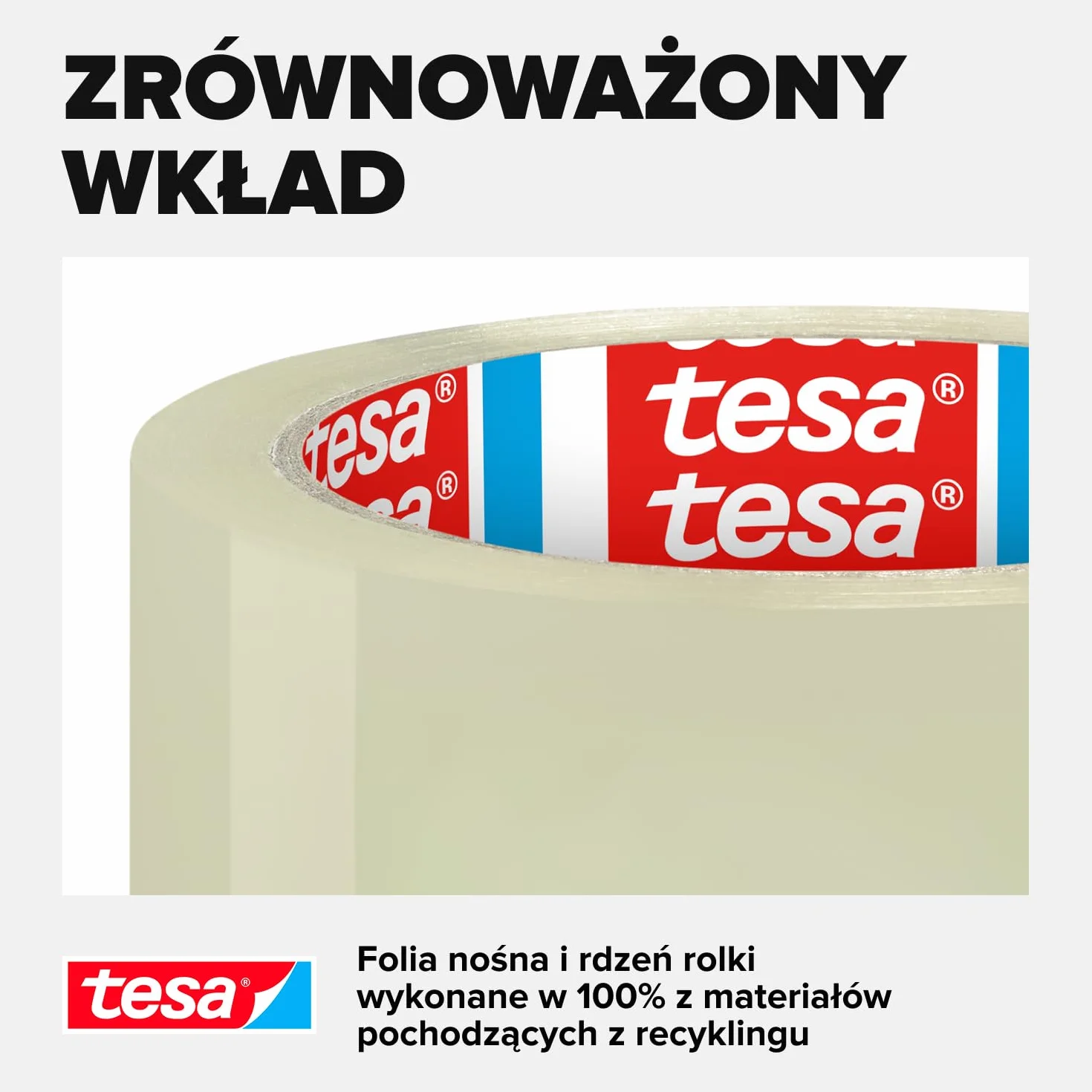 tesapack STRONG RECYCLED - taśma pakowa z 100% tworzywa z recyklingu, do paczek średniej wagi, odporna na UV i starzenie, przezroczysta, 66 m x 50 mm