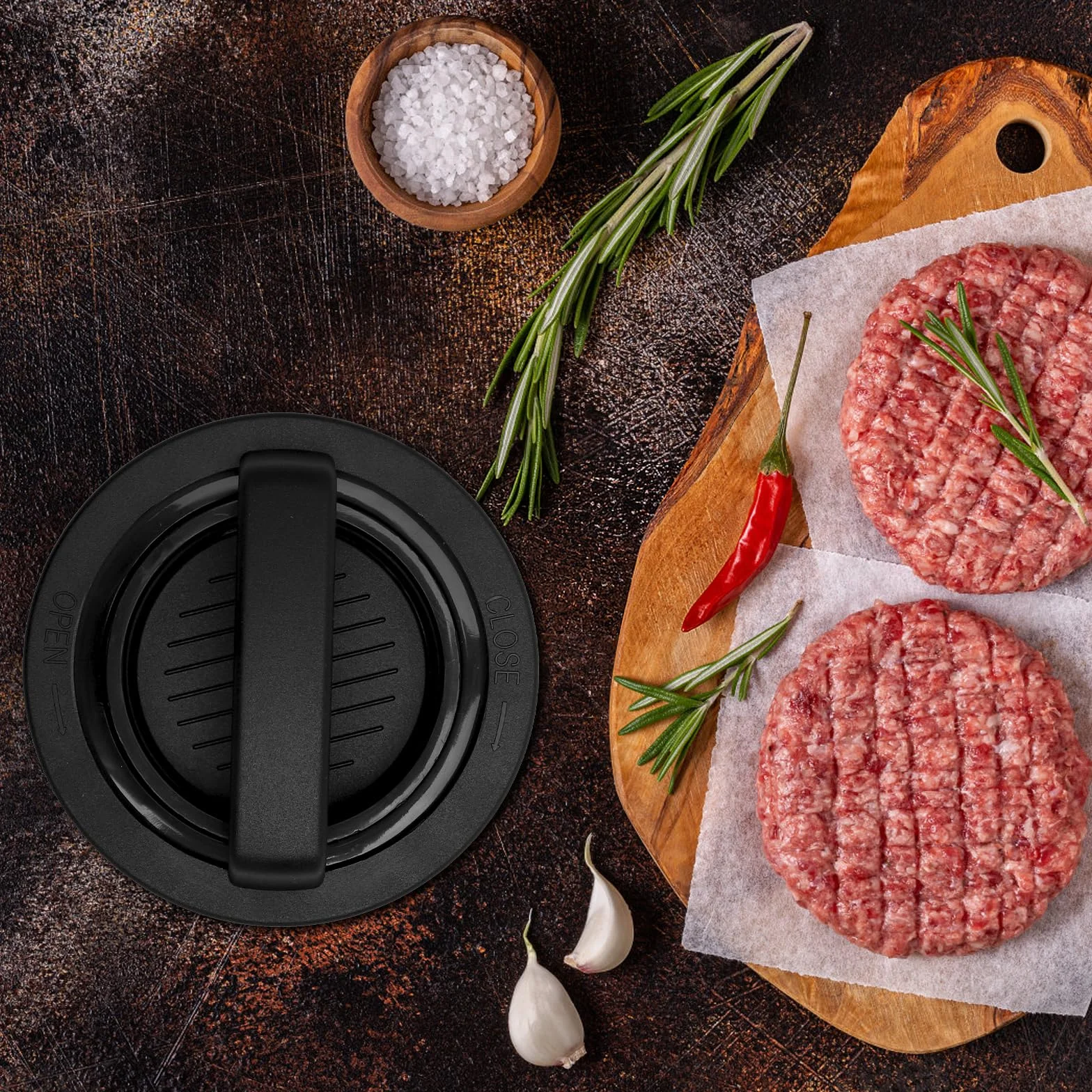 Zestaw pras do hamburgerów 3w1 Patty Maker, prasa do kotletów i kulek ryżowych, 100 papierów antyprzywierających