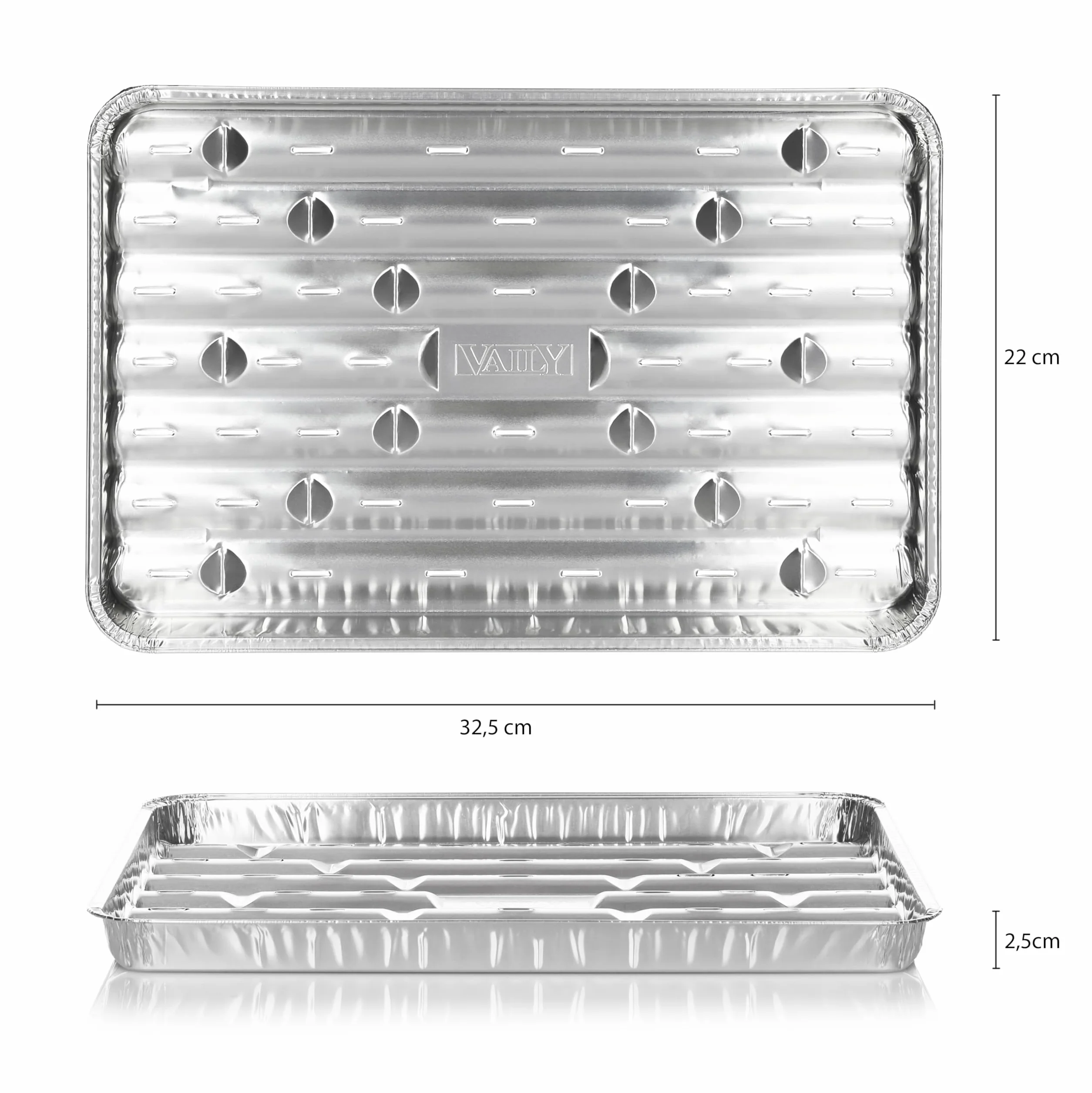 Vaily Aluminiowe patelnie do grilla, 20 sztuk – tacki ociekowe, akcesoria do BBQ, na kemping i do kuchni – aluminiowa miska na mniej tłuszczu i brudu – 32,5 x 22 cm