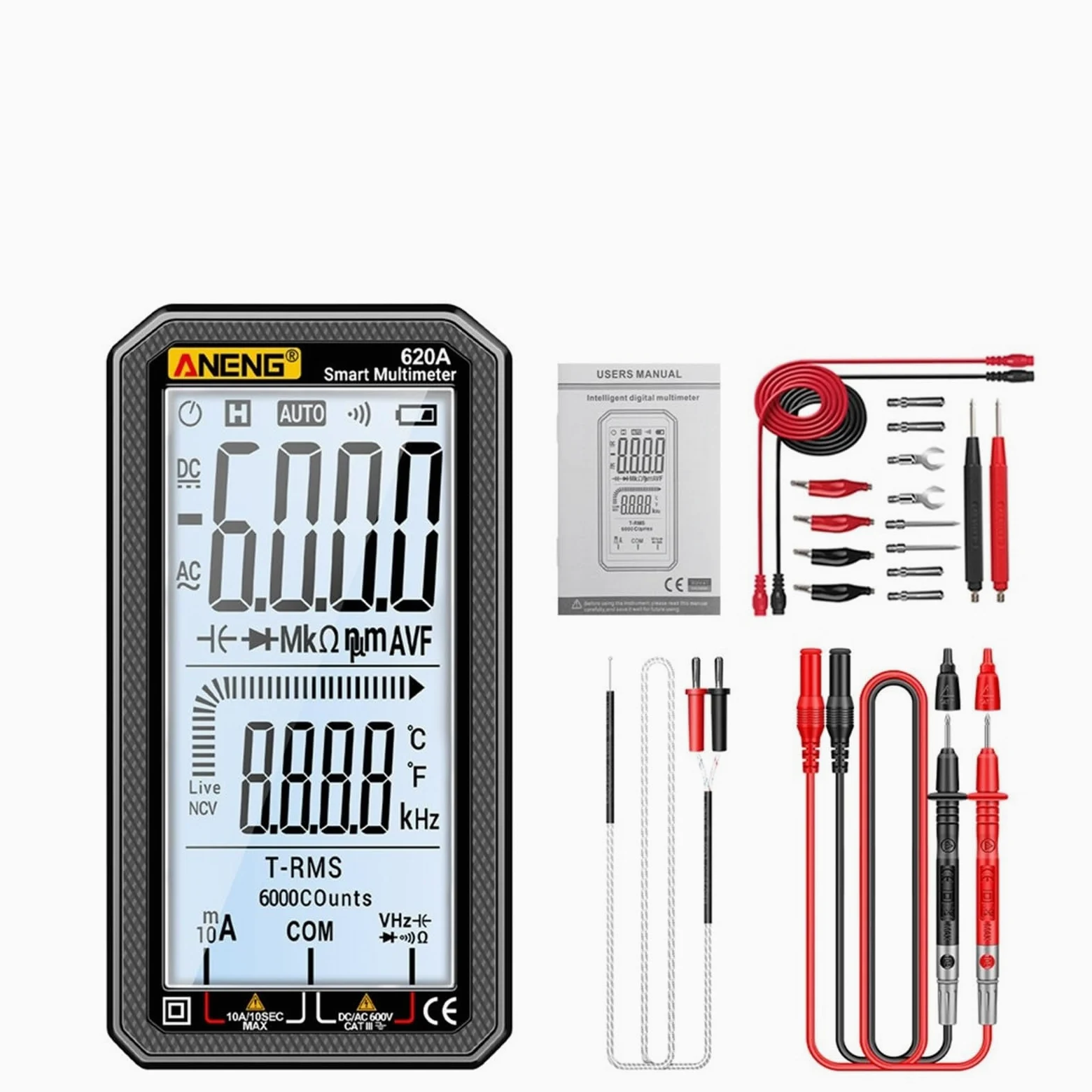 620A Profesjonalny inteligentny multimetr cyfrowy AC/DC Miernik napięcia Miernik pojemności elektrycznej Miernik temperatury Ohm Narzędzia do testowania prądu (Black Pro)