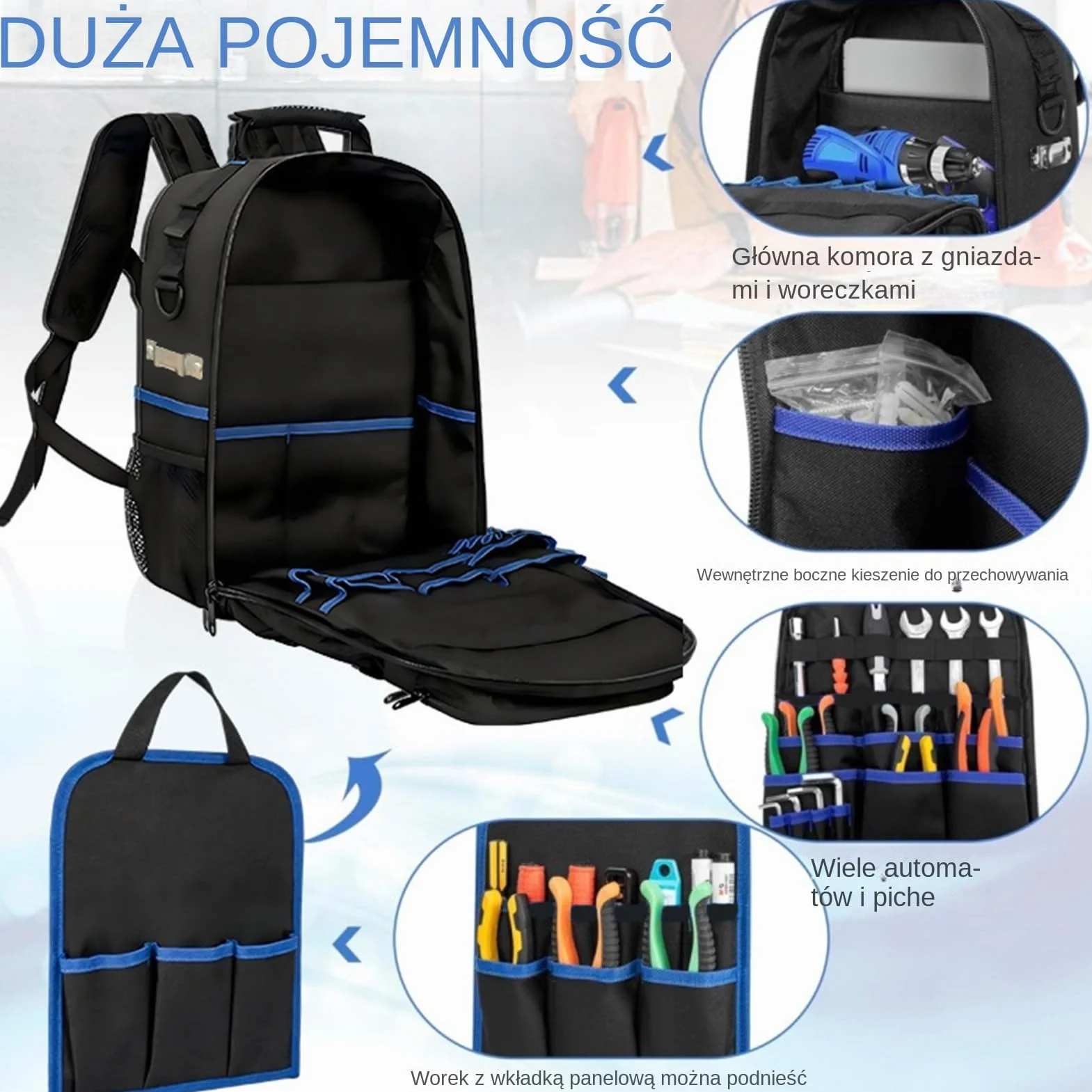 Plecak narzędziowy wytrzymały Pakiet do przechowywania z twardym dnem | Ciężki plecak i torby narzędziowe z wieloma kieszeniami dla mężczyzn dla technika, elektryka, stolarza, hydraulika, majsterk