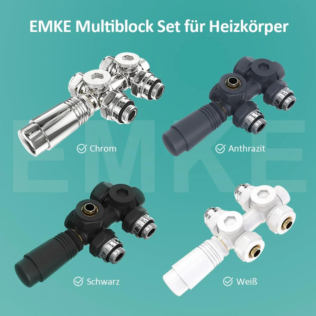 EMKE Multiblock, przyłącze środkowe, blok kranowy, kształt narożny i przelotowy 50 mm, zawór grzejnikowy z termostatem do grzejników łazienkowych, antracyt (φ16 mm x G1/2", 1 sztuka)