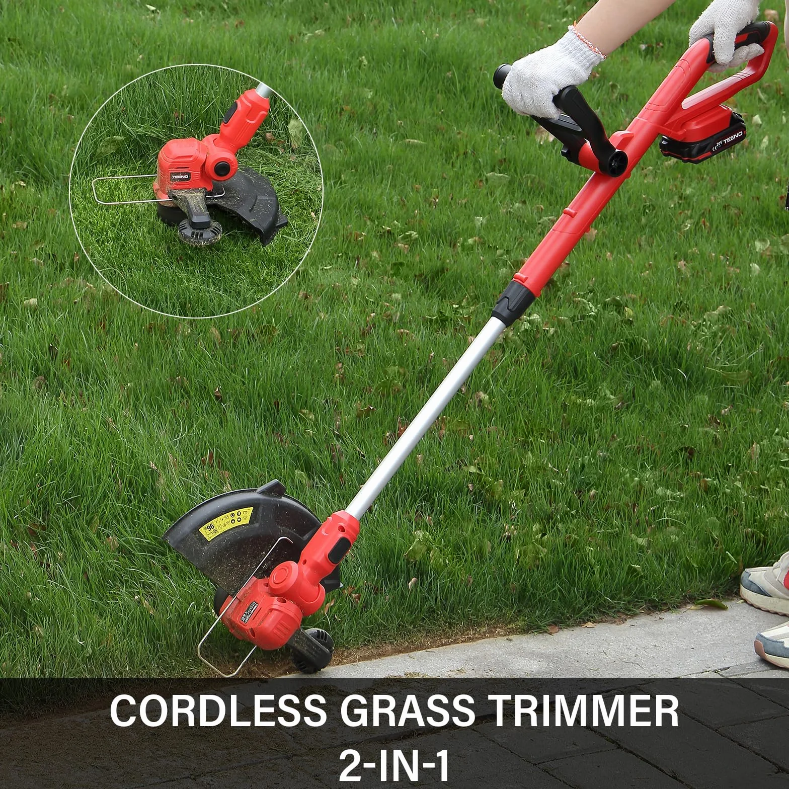 TEENO Bezprzewodowy trymer Rotofil 20 V 30 cm akumulatorowy do trawy 1x2 Ah z szybką ładowarką i uchwytem teleskopowym