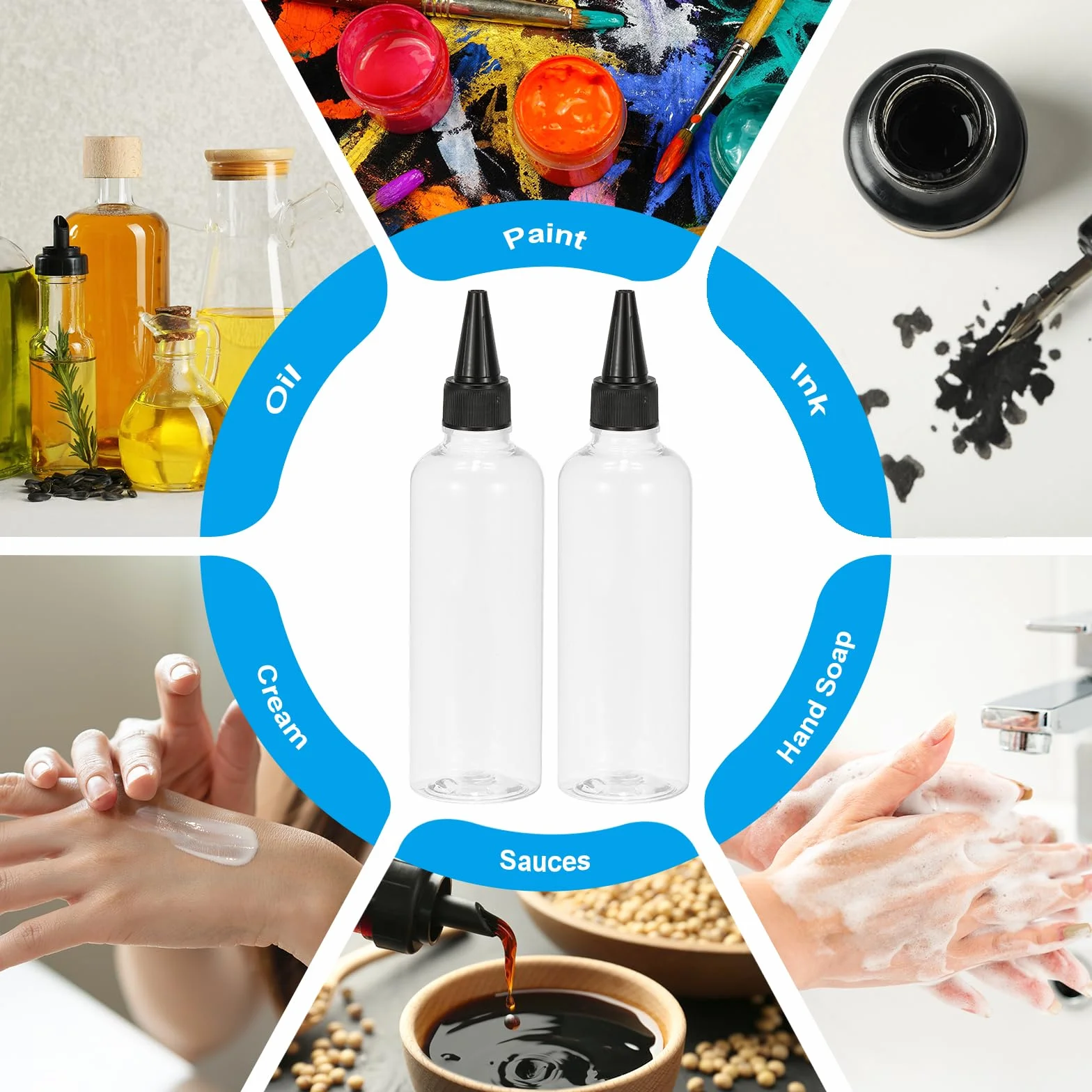 PATIKIL Plastikowa butelka z aplikatorem, 100 ml, szczelna, wielokrotnego napełniania, pusta butelka z dozownikiem, z zakręcaną górną nasadką, do tuszu do włosów, płynnych sosów, czarna