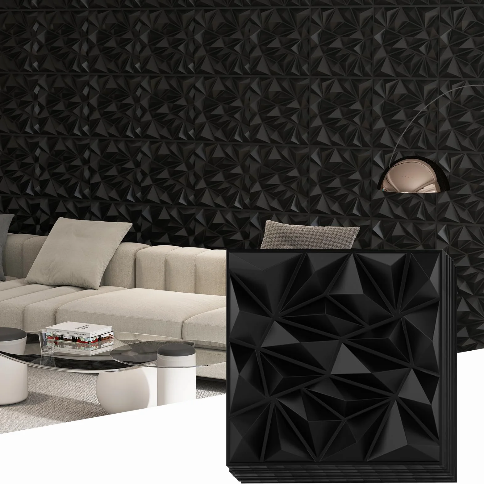 COSTWAY 40 sztuk paneli ściennych 3D, diamentowe, 50 x 50 cm, okładzina ścienna do wnętrz, płyty ścienne, panele sufitowe, PCW, 10 m², do salonu, sypialni (czarne)
