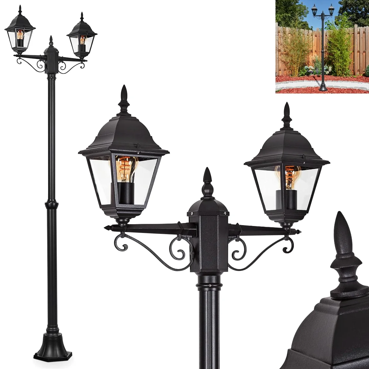 Lampa zewnętrzna drogi Hong Kong, lampa ścieżki z metalu/szkła w kolorze czarnym/przezroczystym, kandelabr o antycznym wyglądzie, wysokość maks. 220 cm, oświetlenie ogrodowe IP44, 2 x E27, bez żarówki