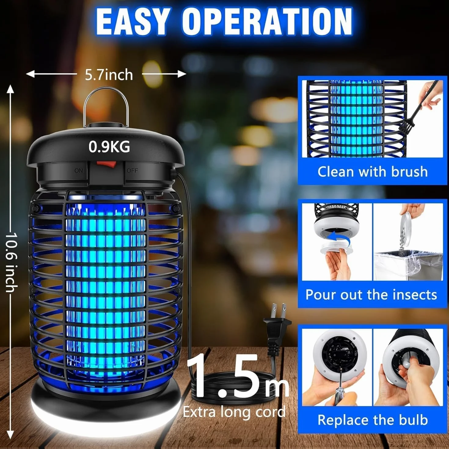 Elektryczna Pułapka na Owady 15W 4200V Lampa owadobójcza IPX4 Wodoszczelna