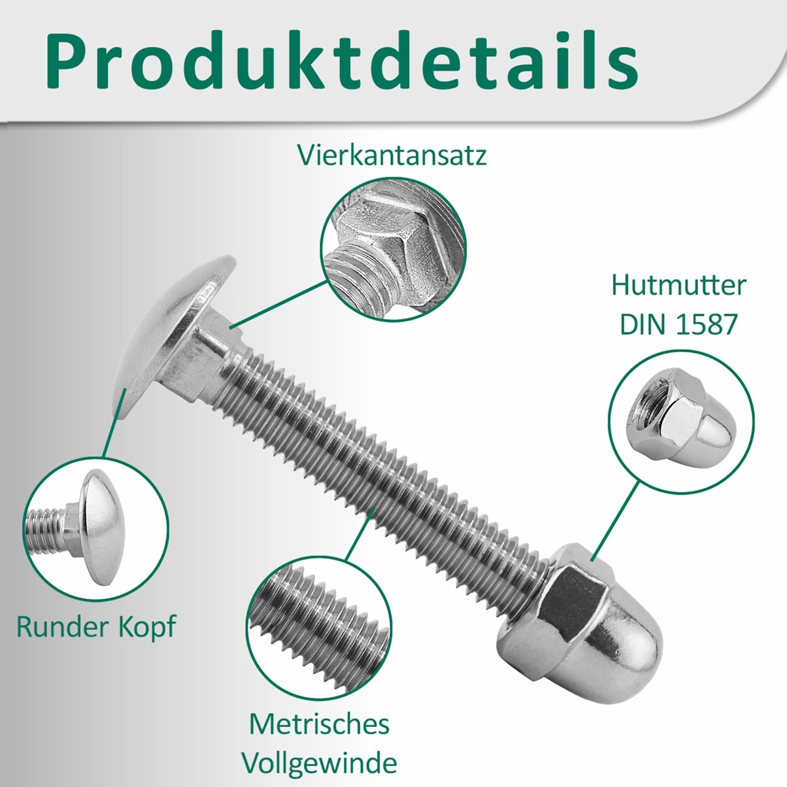 DSM – śruby zamkowe M12 x 65 mm zgodnie z normą DIN 603 – nakrętki DIN 1587 – stal szlachetna A2/V2A – pełny gwint – śruby z łbem płaskim z nasadką czworokątną – nakrętki kopułowe – wysoki kształt