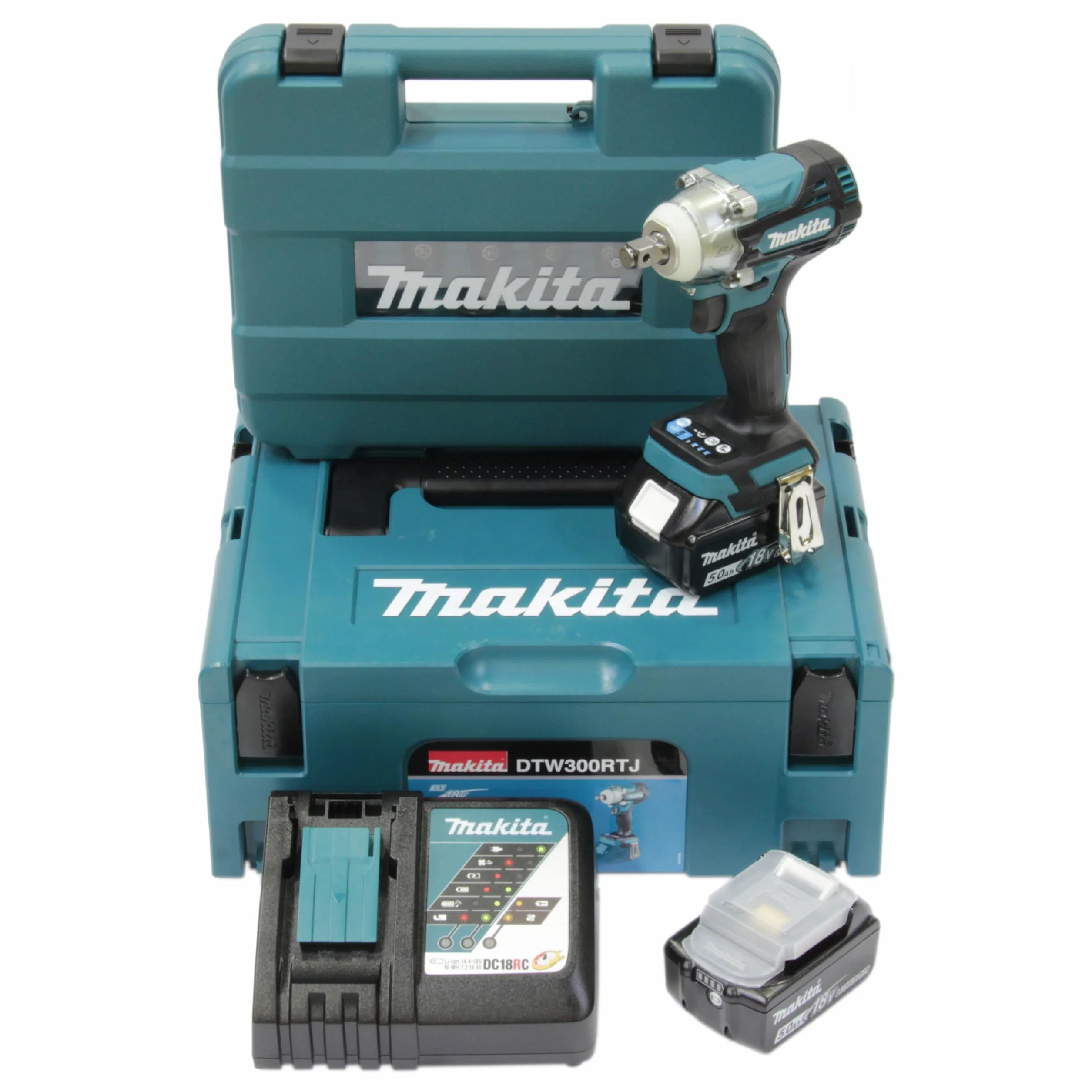 Makita DTW300TJX7 akumulatorowa wkrętarka udarowa 18 V w zestawie szybka ładowarka DC18RC i 2 x akumulatory BL1850B 5,0 Ah + 14-częściowy zestaw końcówek udarowych (E-16586) w MAKPAC rozm. 2