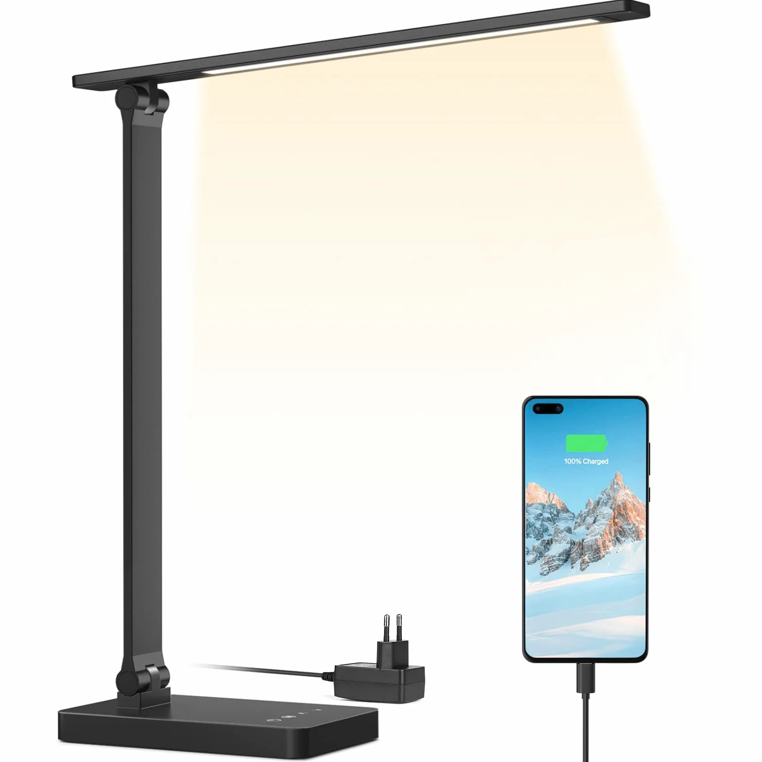 Lepro Lampa biurkowa z portem USB 655 lm, lampa biurkowa 15 W z adapterem, 3 tryby kolorów i 5 poziomów jasności, możliwość ściemniania, antyodblaskowa, do czytania, manikiurzystki, czarna