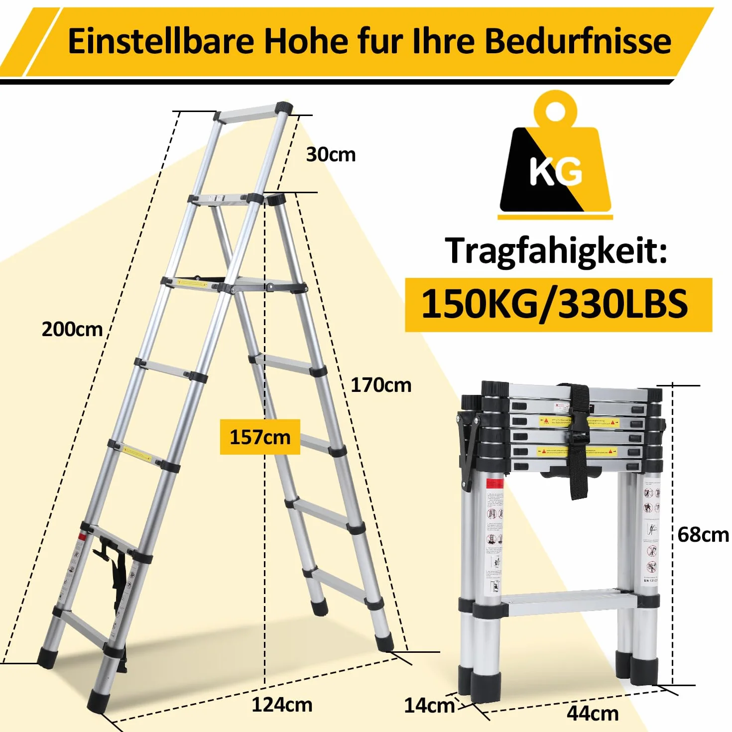 Składana drabina teleskopowa aluminiowa 1,7+2 m, 5+6 szczebli, antypoślizgowa, nośność 150 kg