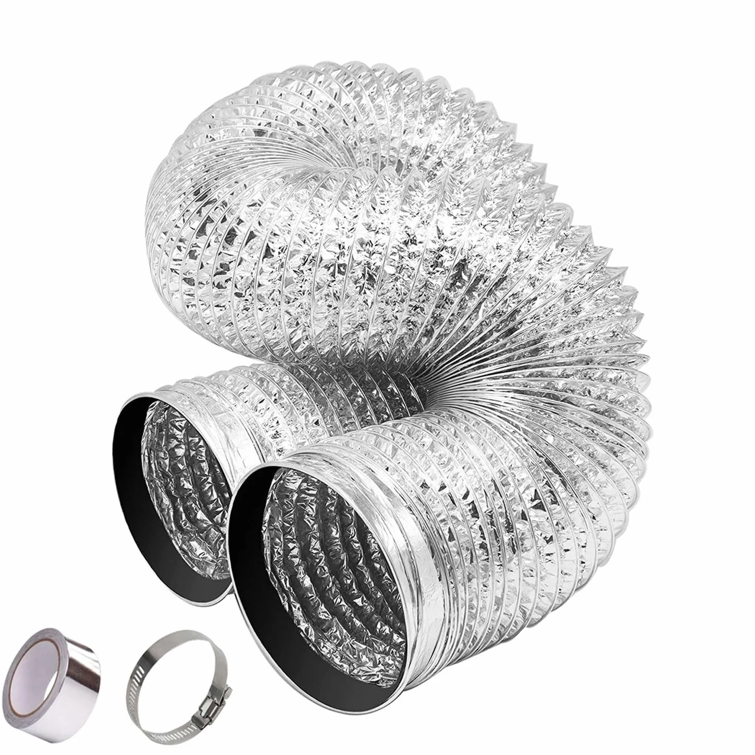 Elastyczne rury aluminiowe, Elastyczny przewód aluminiowy dźwiękochłonny z 2 opaskami zaciskowymi ze stali nierdzewnej Ø 80/100/110/120/150/160/170/180/200 mm do wentylacji grzewczej i chłodniczej(2m,