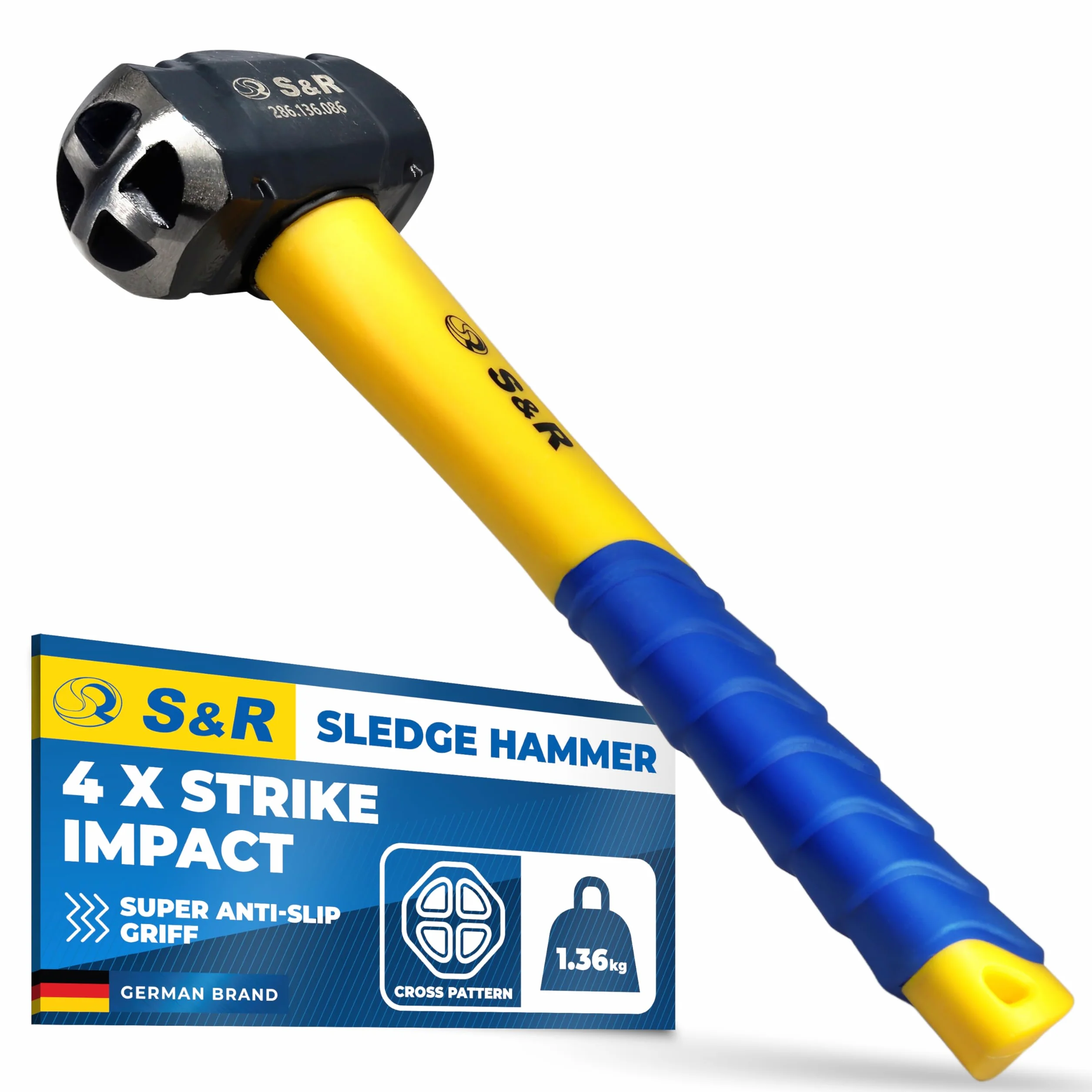 S&R Profesjonalny młot klubowy 1,36 kg (≈ 1,4 kg) – mały młot kowalski z podwójną głowicą (krzyżowy i płaski) | kuta matrycowo stal C50, 38-48 HRC | 2-komponentowy uchwyt z włókna szklanego