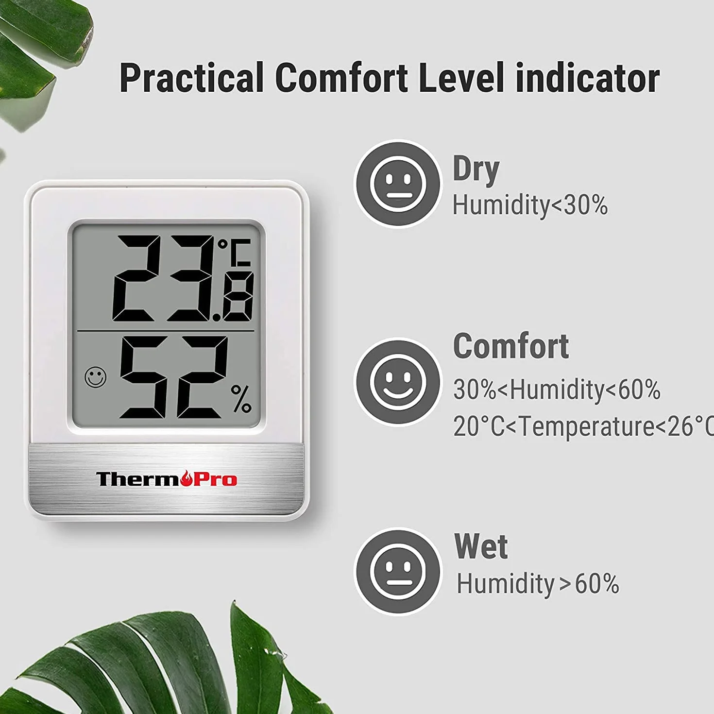 ThermoPro TP49 cyfrowy mini termometr z funkcją higrometru, pomiar temperatury i wilgotności powietrza w pomieszczeniu ze wskaźnikiem smiley do kontroli klimatu w pomieszczeniu, biały