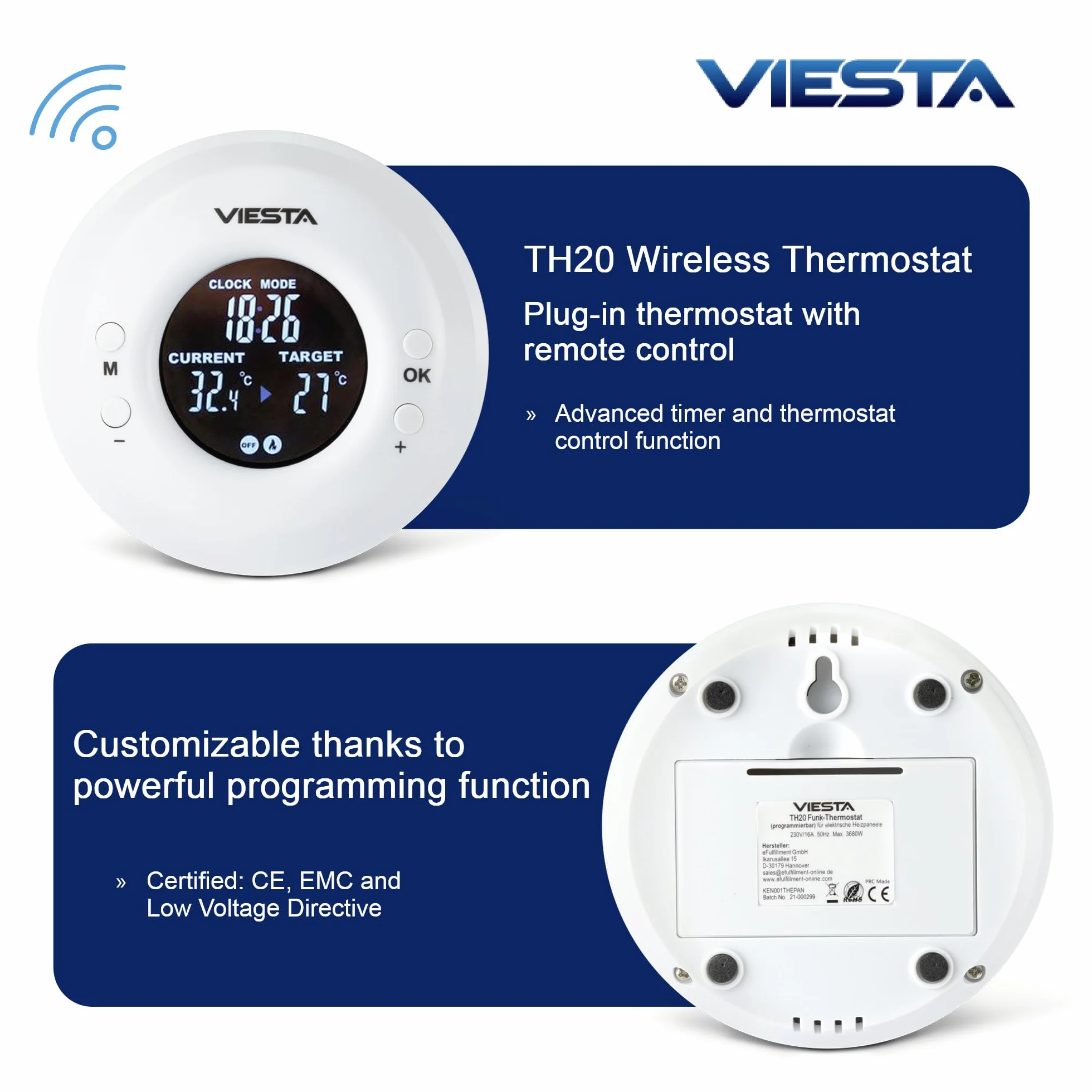 TH20 Bezprzewodowy termostat gniazdkowy (230V/3600W) – Cyfrowy, programowalny, z pilotem, program tygodniowy, timer, sterowanie 2,4 GHz, tryby Komfort/Auto/Ręczny i ochrona przed mrozem