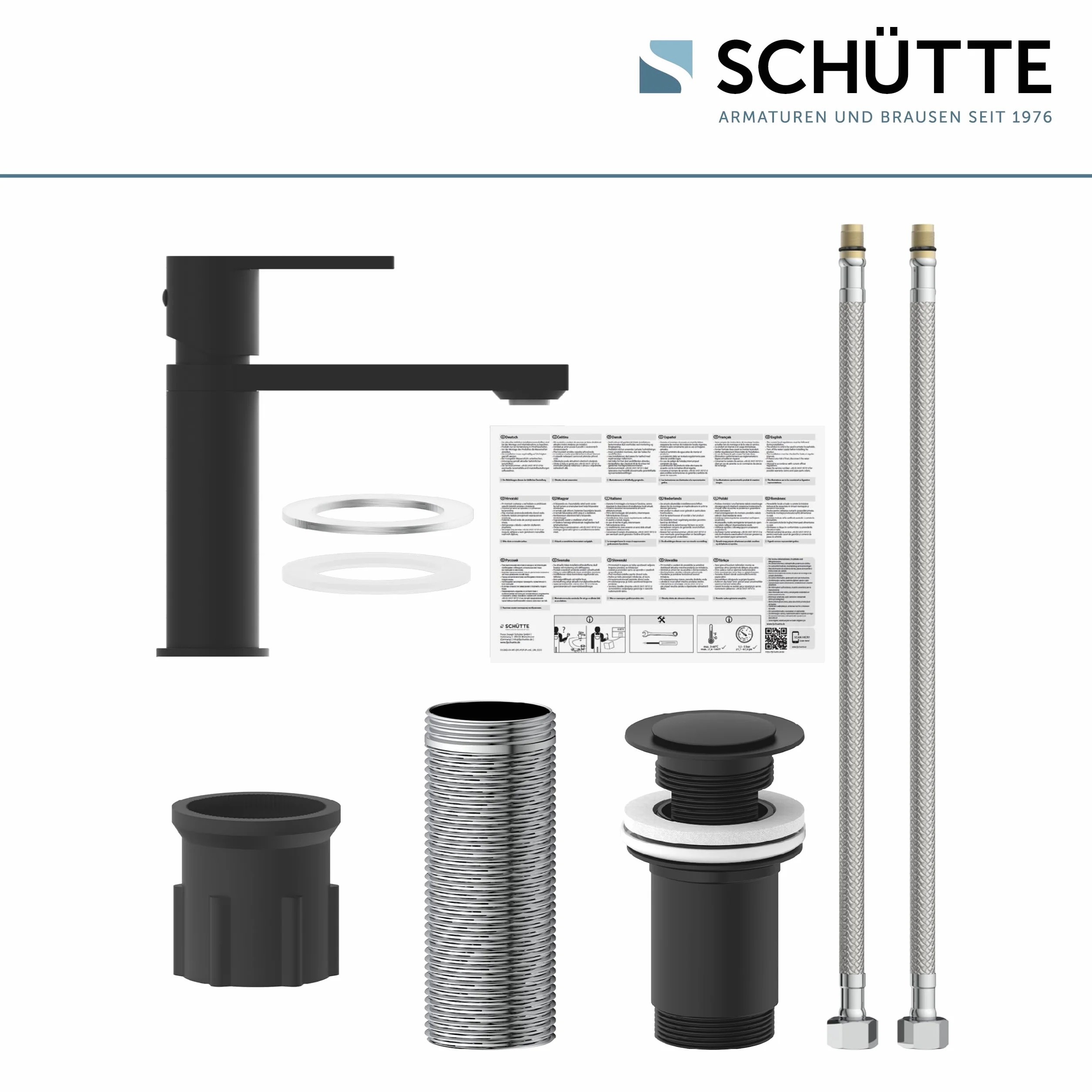 SCHÜTTE MANHATTAN 33016 bateria umywalkowa łazienkowa z zestawem odpływowym, jednouchwytowa bateria łazienkowa z korkiem odpływowym, bateria mieszakowa, umywalka, czarna