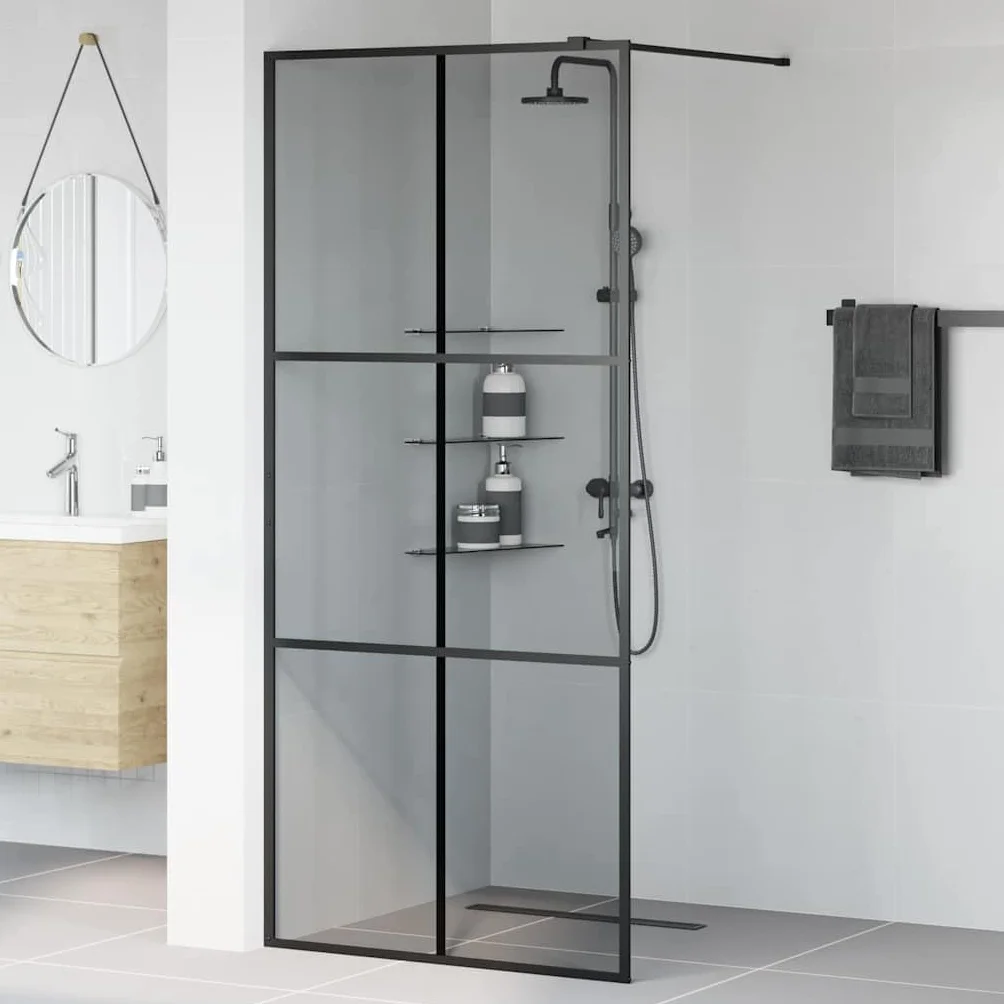 Ścianka prysznicowa Walk-in, czarna, 90 x 195 cm, hartowane szkło bezpieczne, ochrona przed pryskaniem, ścianka działowa, przezroczysta, nie zajmuje dużo miejsca, bez ramy, z regulowaną ramą