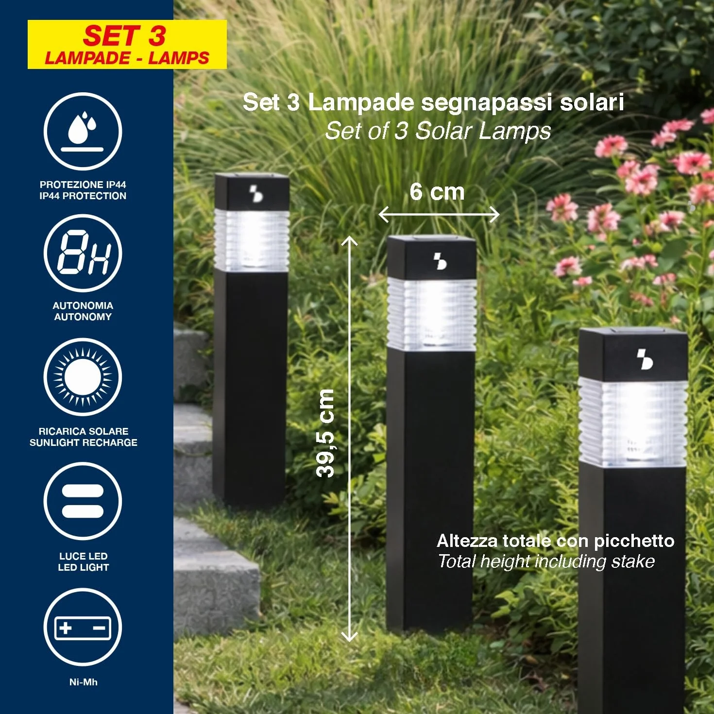 BEPER P207ILO030 Zestaw 3 solarnych lamp schodowych, zewnętrzne lampy solarne LED z kolcami, automatyczne włączanie, oświetlenie ścieżek i rabat kwiatowych, IP44