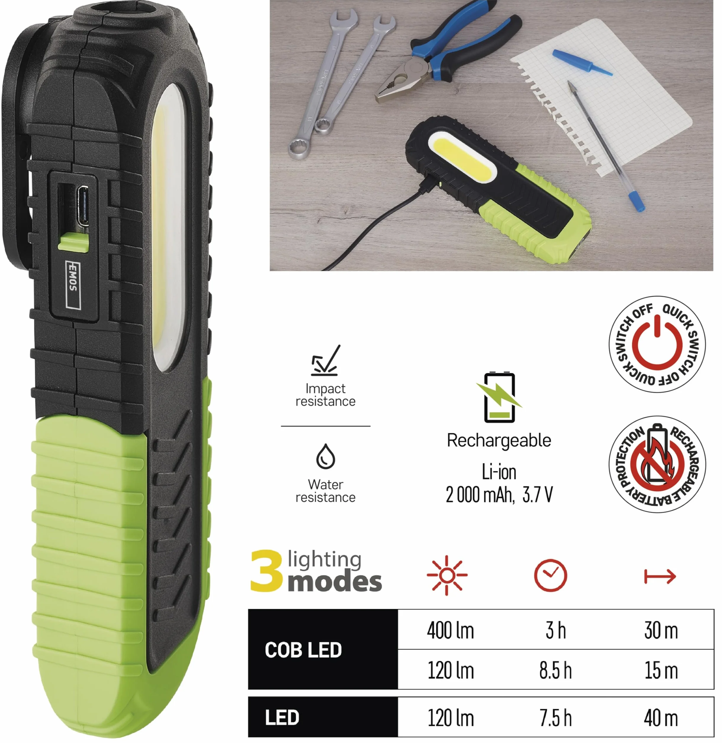 EMOS Lampa robocza LED, ładowalna wodoszczelna lampa warsztatowa z obrotową nóżką, hakiem i magnesem, 400 lm, zasięg świecenia 40 m, akumulator 2000 mAh z 8,5 godz. czasu świecenia i kablem USB, 3 tryby świecenia
