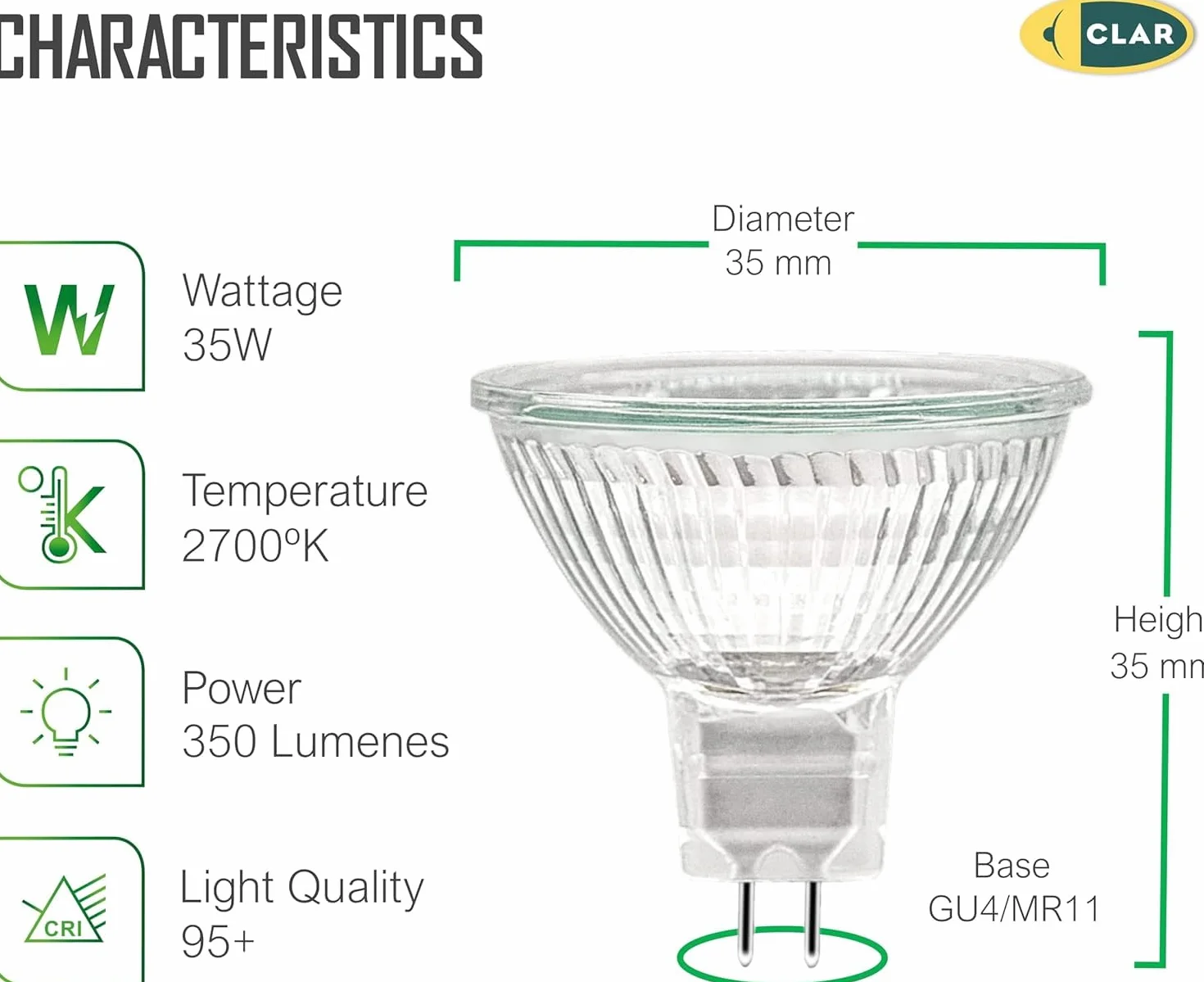 CLAR - Żarówka halogenowa 35 W, żarówka 12 V, reflektor 12 V, lampa halogenowa, żarówka GU4, żarówka alogenowa, reflektor halogenowy, lampa halogenowa (opakowanie 10)