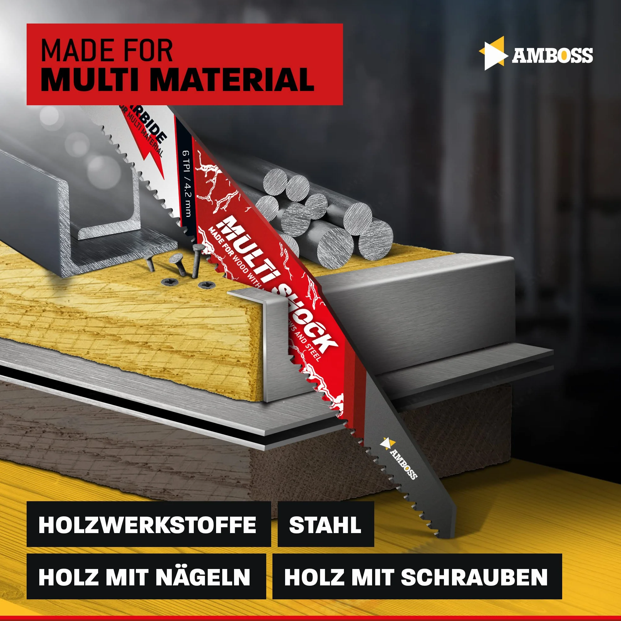 AMBOSS MULTI SHOCK – 10 x brzeszczot do piły szablastej długość 230 mm / 6 ZpZ – idealny do drewna z gwoździami i drewnem ze śrubami oraz stalą – wiele materiałów