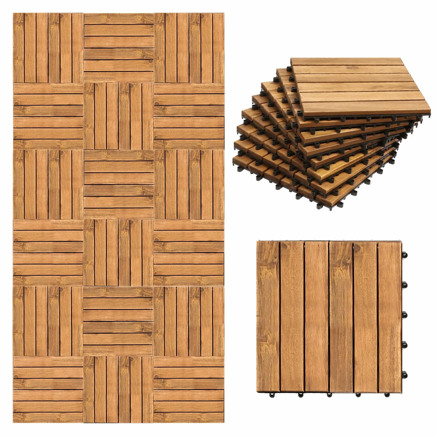 Fiqops Płytki drewniane 30 x 30 cm, płytki podłogowe z drewna akacjowego, 11 sztuk, 1㎡, na zewnątrz, płytki na klik, na taras, mozaika, do ogrodu, patio, balkonu (6 listew)