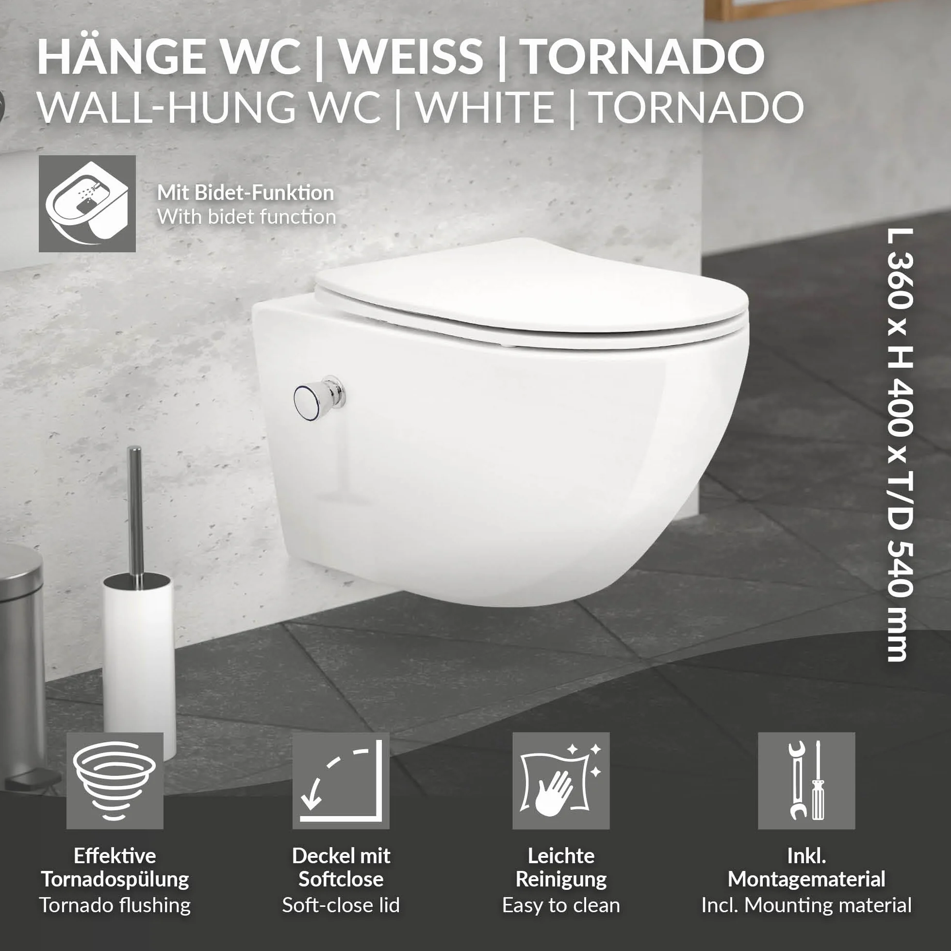 LuxeBath wiszaca muszla klozetowa bez rantu z funkcja bidetu, biala, powloka Wash WC Nano, spluczka Tornado, dluga 54 cm, blyszczaca wiszaca miska klozetowa z miekko zamykana deska klozetowa