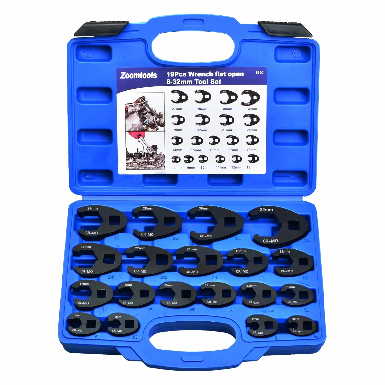 19-częściowy zestaw kluczy z nóżką Hahnenfoot, moment obrotowy 1/2" 3/8", napęd czworokątny 8-32 mm, klucz płaski, zestaw kluczy płasko-oczkowych
