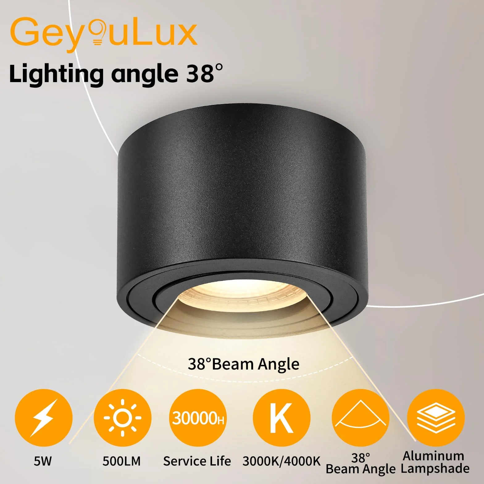 GeyouLux 6x czarne reflektory sufitowe - ekstra płaskie i obrotowe o 38° - Ø80 x 50 mm - obrotowy reflektor - 5 W 500 lm 3000K - moduł LED 230 V w zestawie - Aluminiowa lampa sufitowa LED