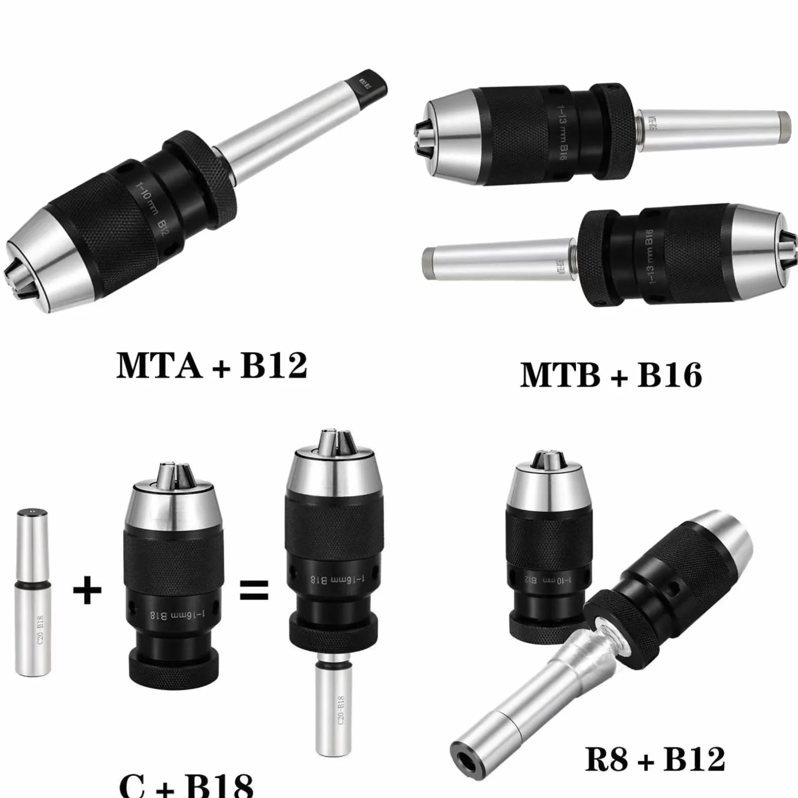 Zestaw samozaciskowych uchwytów wiertarskich - kompatybilny z MT1, MT2, MT3, MT4, MT5, R8, C10, C12, C16, C20, B10, B12, B16, B18, B22, 1 szt.(MTA4-B16(1-16mm))
