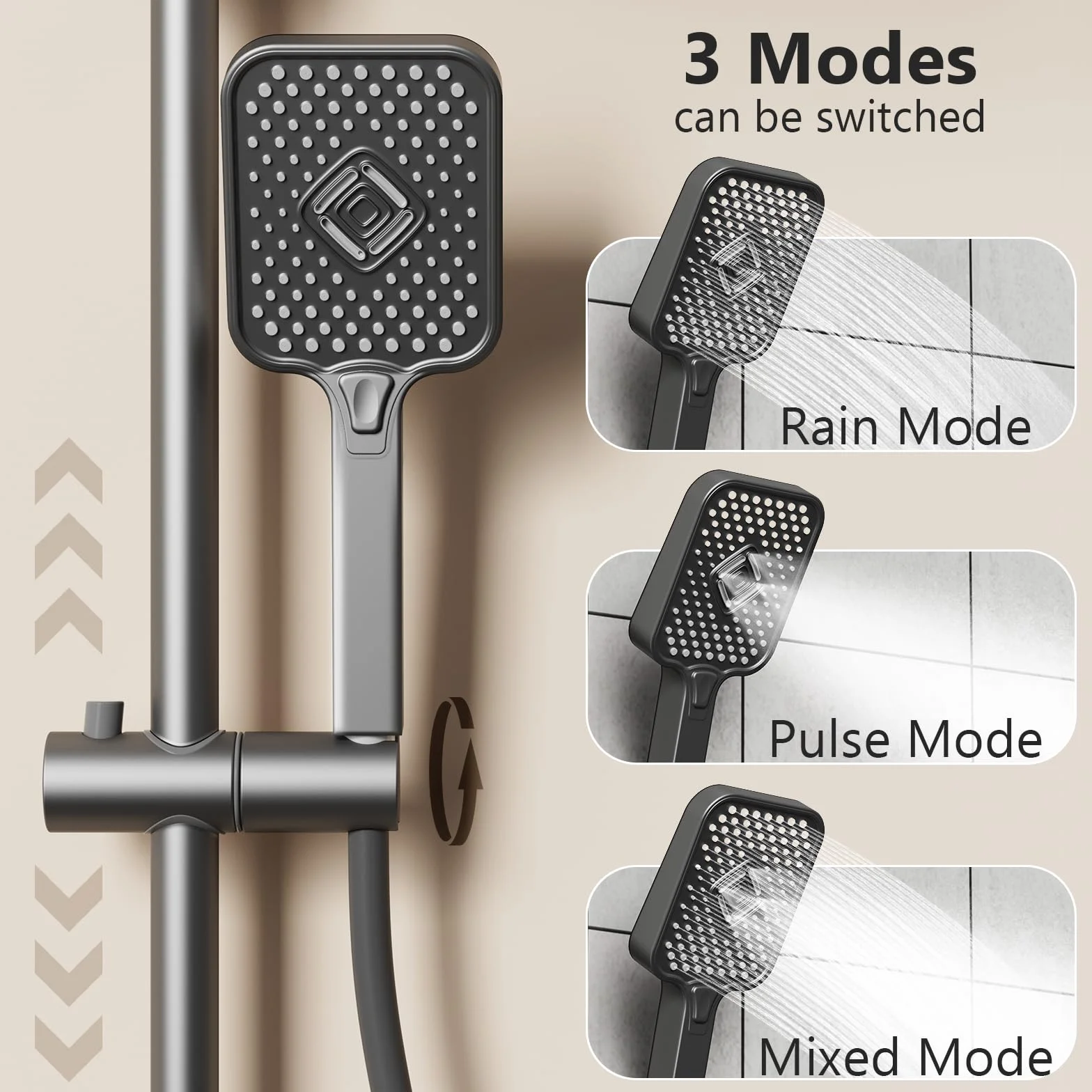 Kolumna Prysznicowa z Zaworem, Zestaw Prysznicowy Deszczownica 30x20cm, Regulowana Drążek Prysznicowy 80-105cm, Słuchawka 3 Tryby, Łazienkowy Prysznic, Stal Nierdzewna, Łatwy Montaż, Szary
