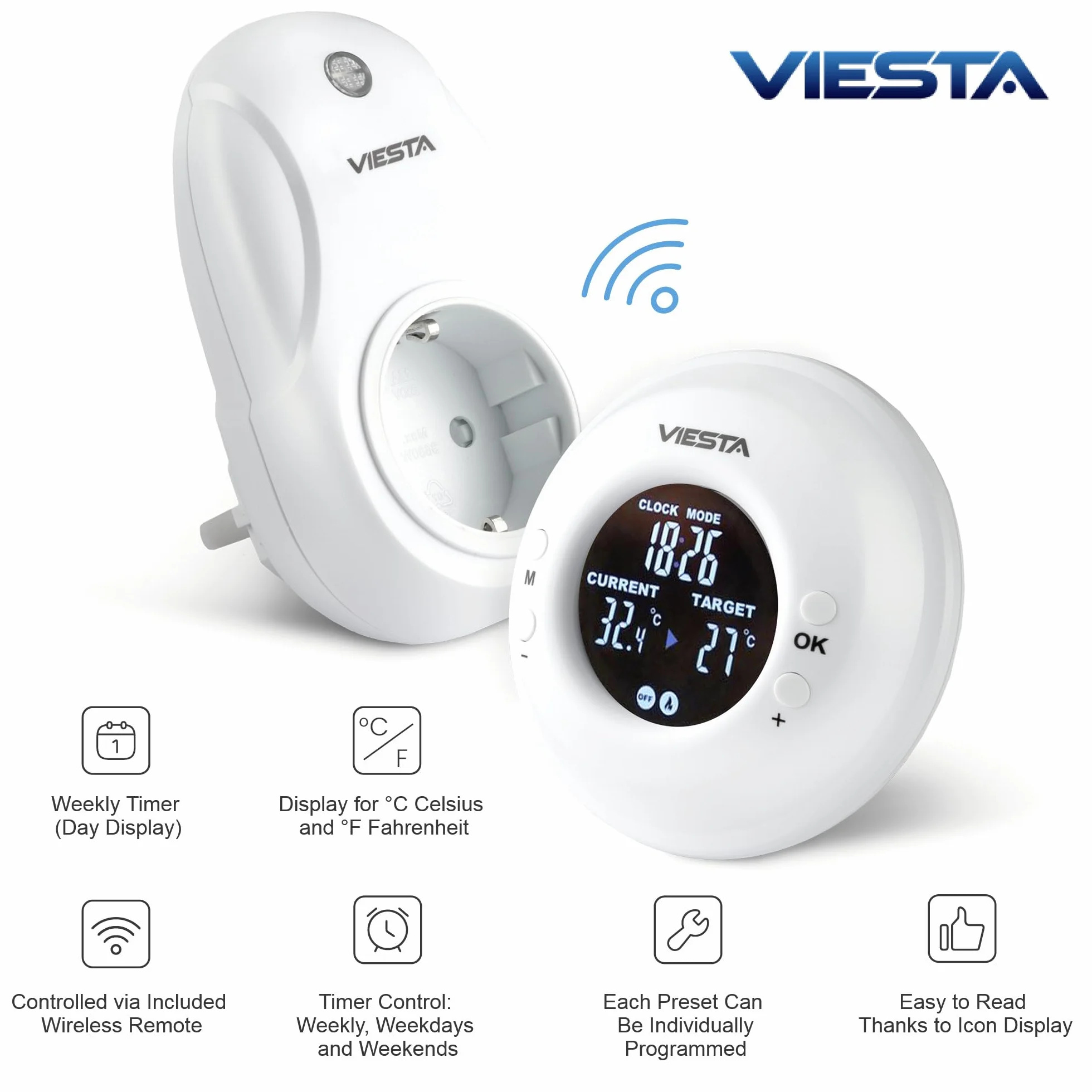 TH20 Bezprzewodowy termostat gniazdkowy (230V/3600W) – Cyfrowy, programowalny, z pilotem, program tygodniowy, timer, sterowanie 2,4 GHz, tryby Komfort/Auto/Ręczny i ochrona przed mrozem