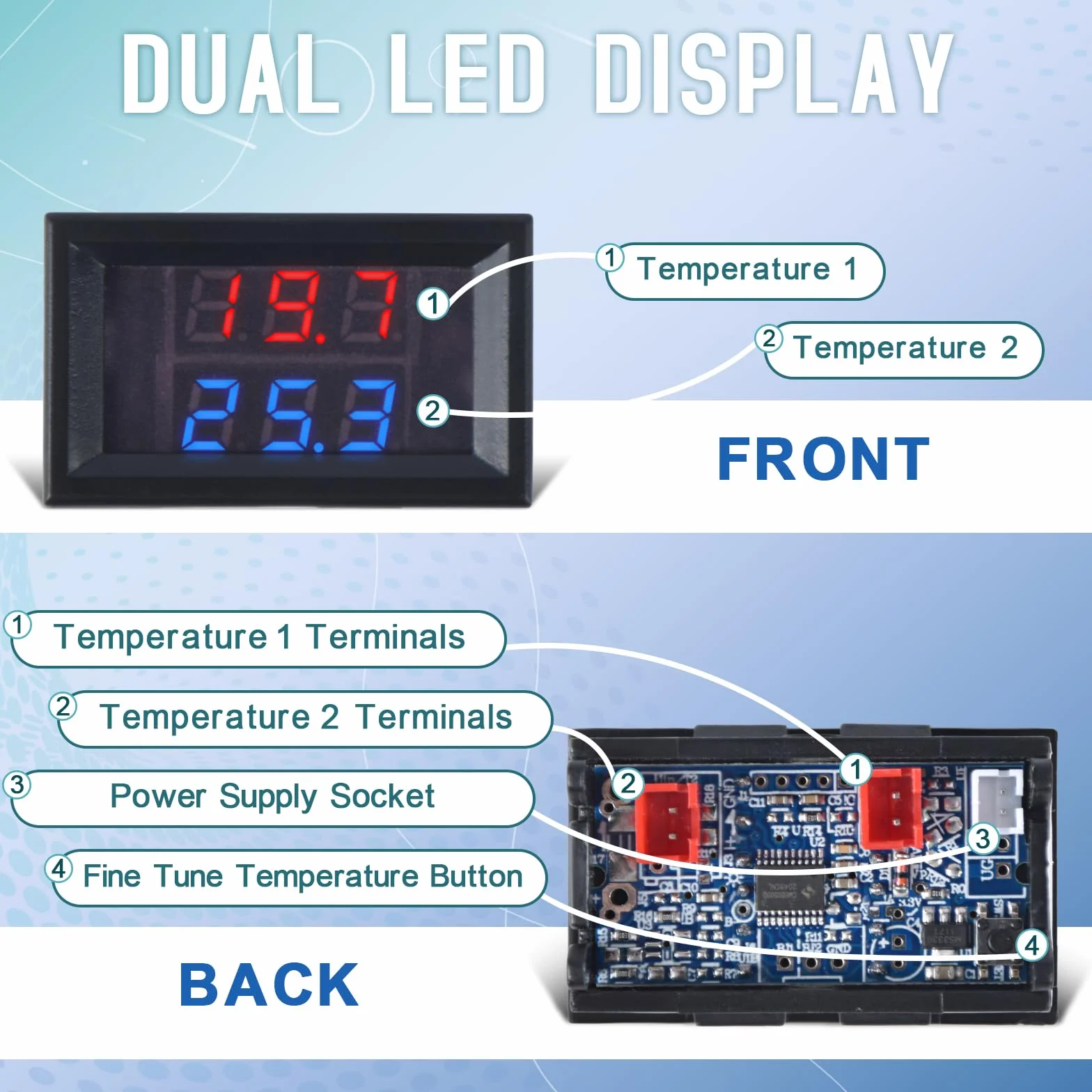 Cyfrowy Termometr z 2 Wodoodpornymi Metalowymi Sondami DC 4-28V LED Miernik Temperatury -55～120℃ Czerwony Niebieski