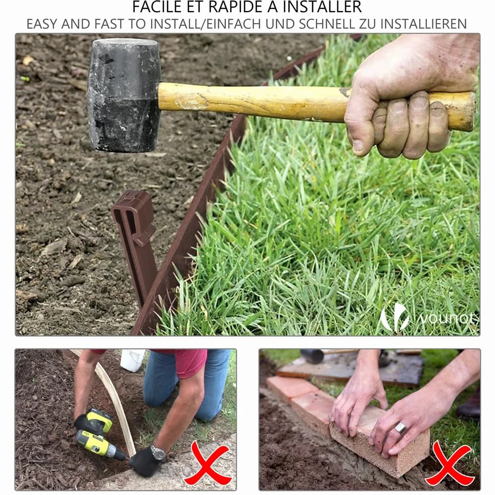 VOUNOT PE Obrzeże Ogrodowe 20 Metrów z 12 Kołkami do Zakotwiczenia Elastyczna Obrzeże Trawnika Naturalny Wygląd Wysokość 13cm Grubość 4mm Brązowy