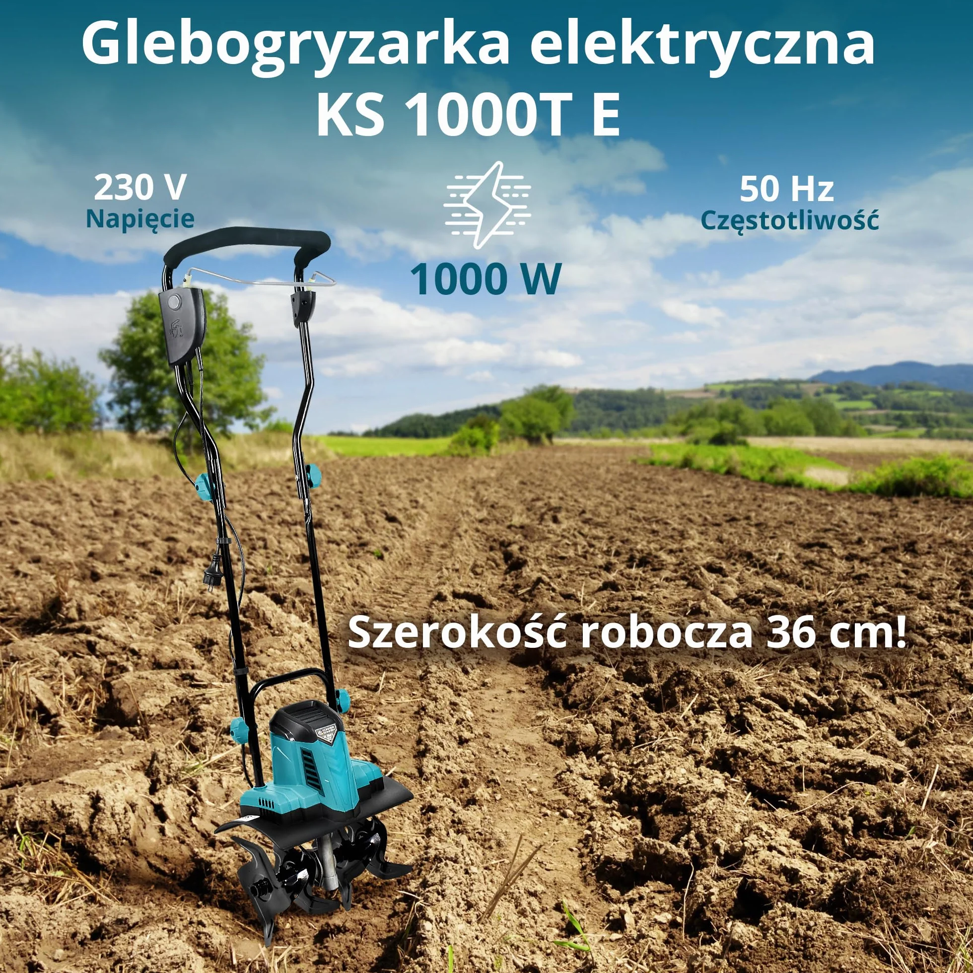 Könner & Söhnen KS 1000T E Glebogryzarka elektryczna, mocne metalowe frezy, szerokość/głębokość robocza 36/22 cm, 1000 W, 230 V, 8 kg, kultywator do podwórek, rabat kwiatowych i ogrodowych