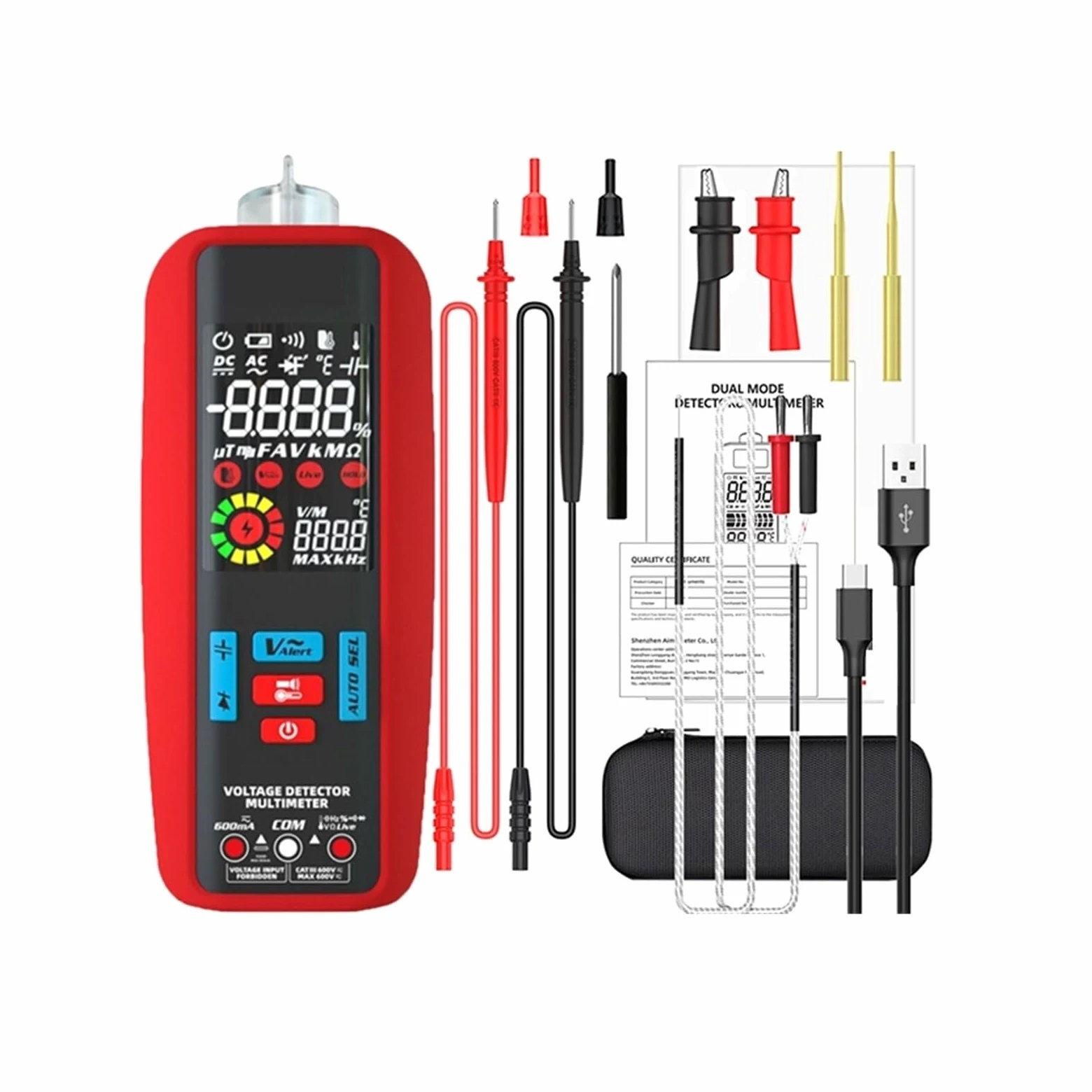 Tester Multimetru Mini Multimetr Cyfrowy 6000 Zlicza True RMS DC AC Tester Napięcia Prądu Auto Zakres Dioda Pojemnościowa Ohm Temp NCV Precyzja Bezpieczny(A5X USB Charging Pro)