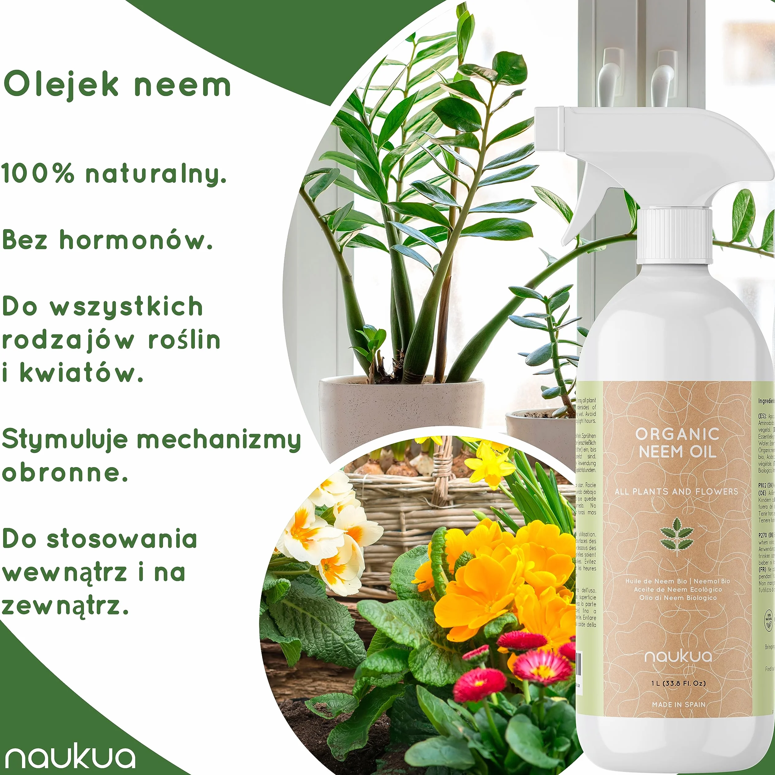 1L Organiczny Olejek z Miodli Indyjskiej Do Roślin - 100% Naturalny i Nietoksyczny - Ochrona i Obrona Przed Wszystkimi Rodzajami Szkodników, Owadów i Chorób - Rośliny Wewnątrz i Na Zewnątrz - Gotowy Do Użycia Spray.