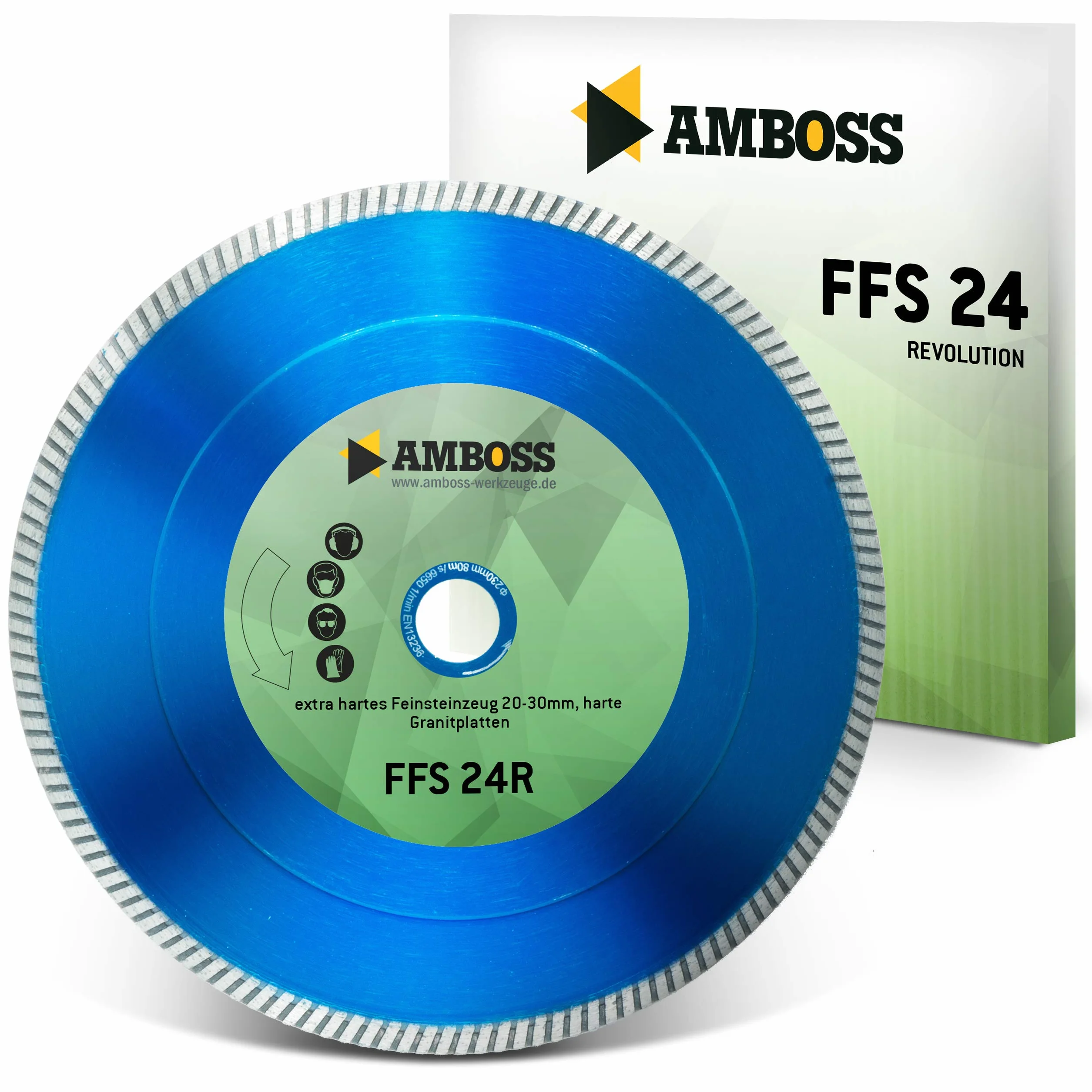 Amboss FFS 24R - diamentowa tarcza tnąca Ø 230 mm x 22,2 mm - bardzo twarda kamionka (2-3 cm), granit i ceramika | cięcie na sucho | wysokość segmentu 7 mm (spiekana)
