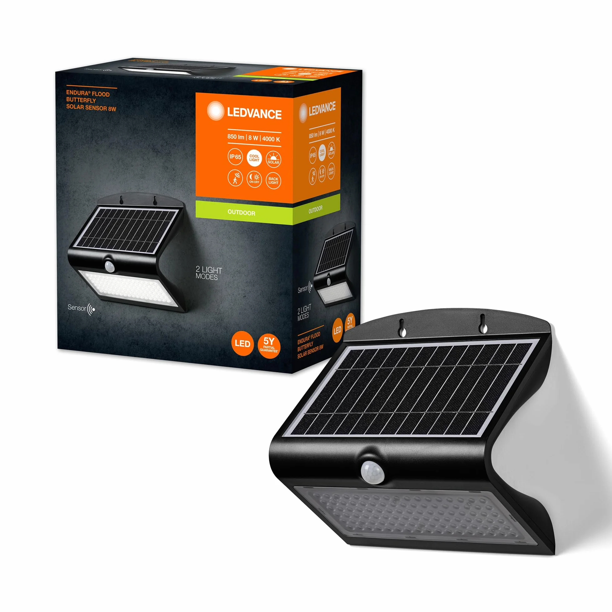 LEDVANCE Endura Butterfly Solar Reflight, Czerń, 8W, 850LM, Czujnik Światła, Światło Zewnętrzne, Bateria, Prosty Montaż, Ip65, 4000K