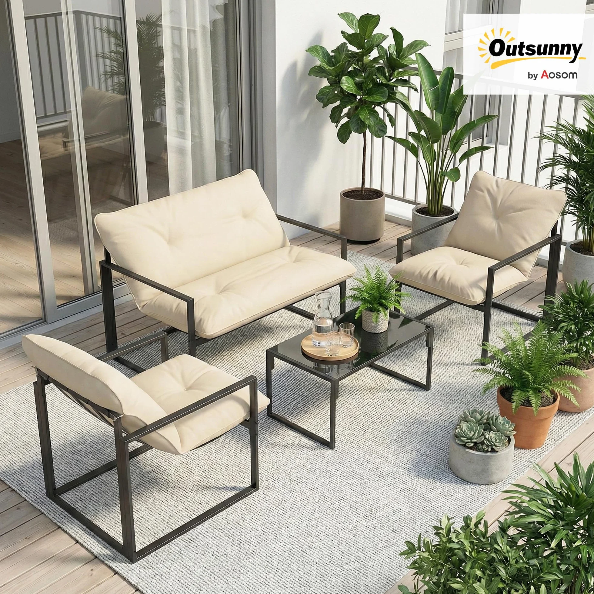 Outsunny Zestaw mebli ogrodowych 4-osobowy stalowy odporny na warunki atmosferyczne z sofą fotelem szklanym stołem
