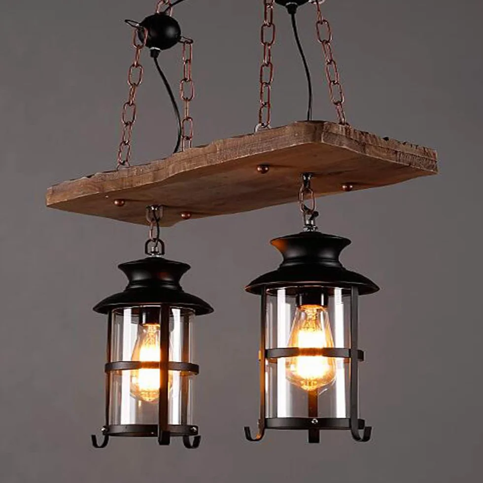 Lampa wisząca w stylu vintage, żyrandol z drewna, metalu, E27, rustykalna, liniowa, lampa sufitowa do salonu, jadalni, restauracji, kawiarni, hotelu, przedpokoju, piwnicy, piwnicy