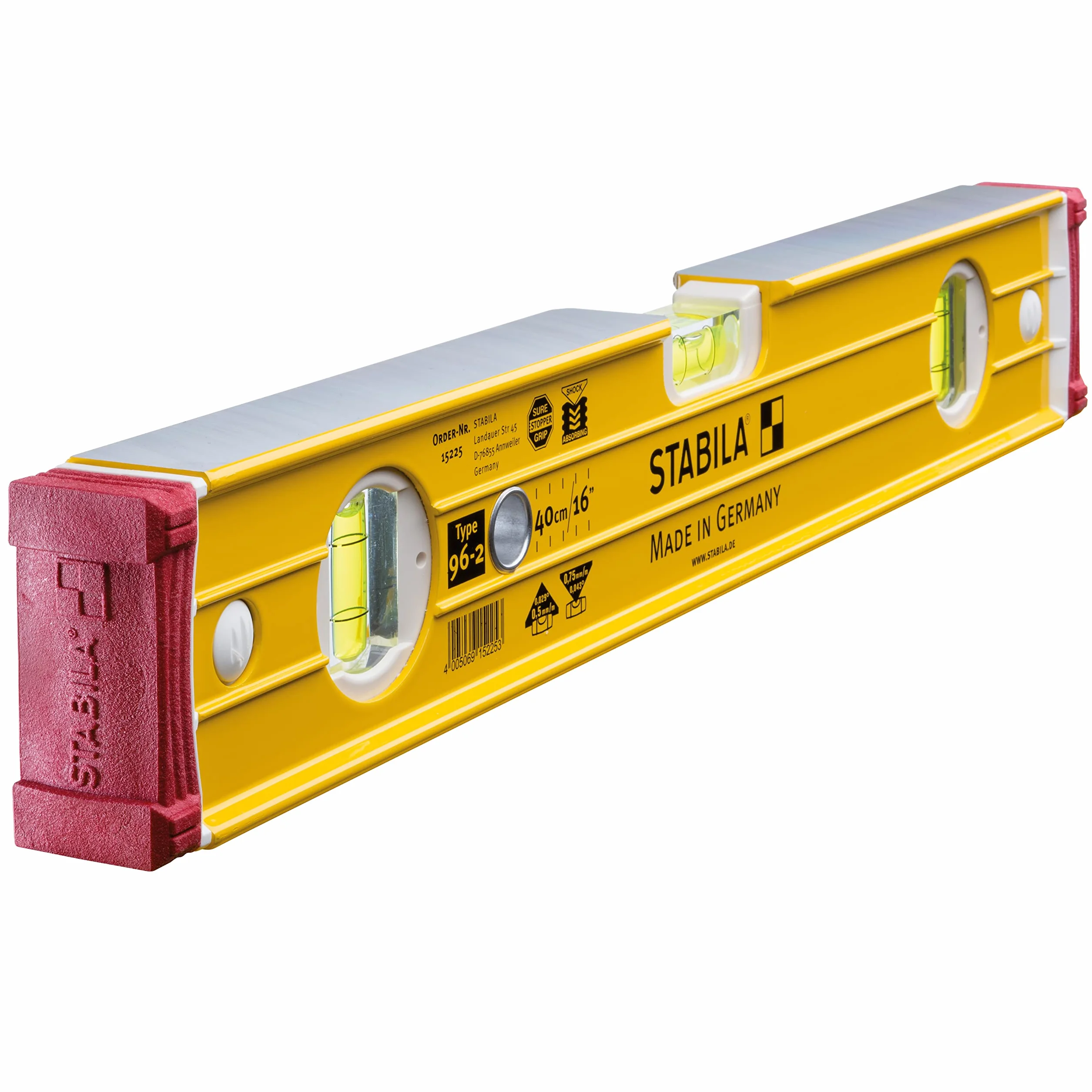 STABILA Poziomica typu 96-2, 40 cm, bardzo dojrzały profil aluminiowy, 1 pozioma libelka, 2 pionowe libele, amortyzujące zaślepki, zintegrowane stopery antypoślizgowe, Made in Germany, żółta