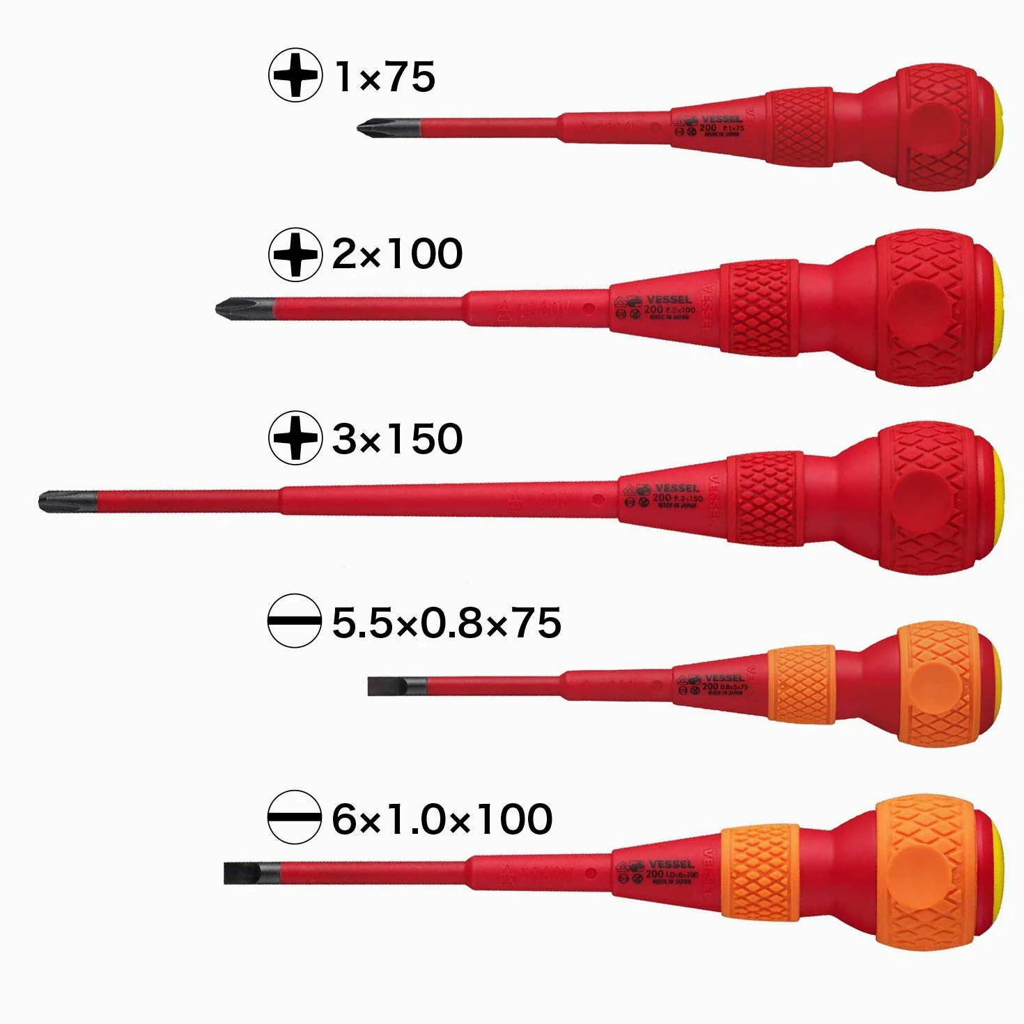 VESSEL Śrubokręt BALL GRIP VDE (izolowany) krzyżak/płaski, zestaw 5 szt