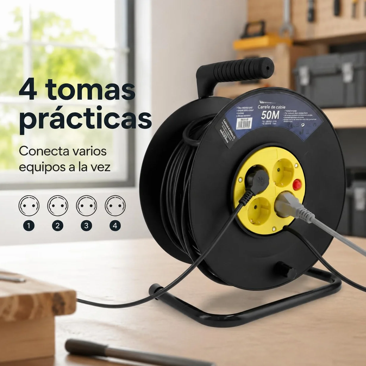 M mimotec - Zewnętrzny zwijacz kabla 50 m 4 gniazda 3200W 16A | Kabel H05VV-F 3G1,5 mm² | Ochrona dzieci | Przedłużacz elektryczny do ogrodu, garażu i warsztatu