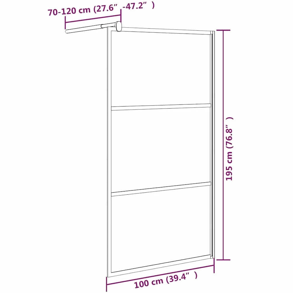 Ścianka prysznicowa Walk-In 100 x 195 cm, matowe szkło bezpieczne ESG, czarna, 5 mm, rama aluminiowa, regulowany profil i drążek podporowy, ochrona przed pryskaniem do kabiny prysznicowej